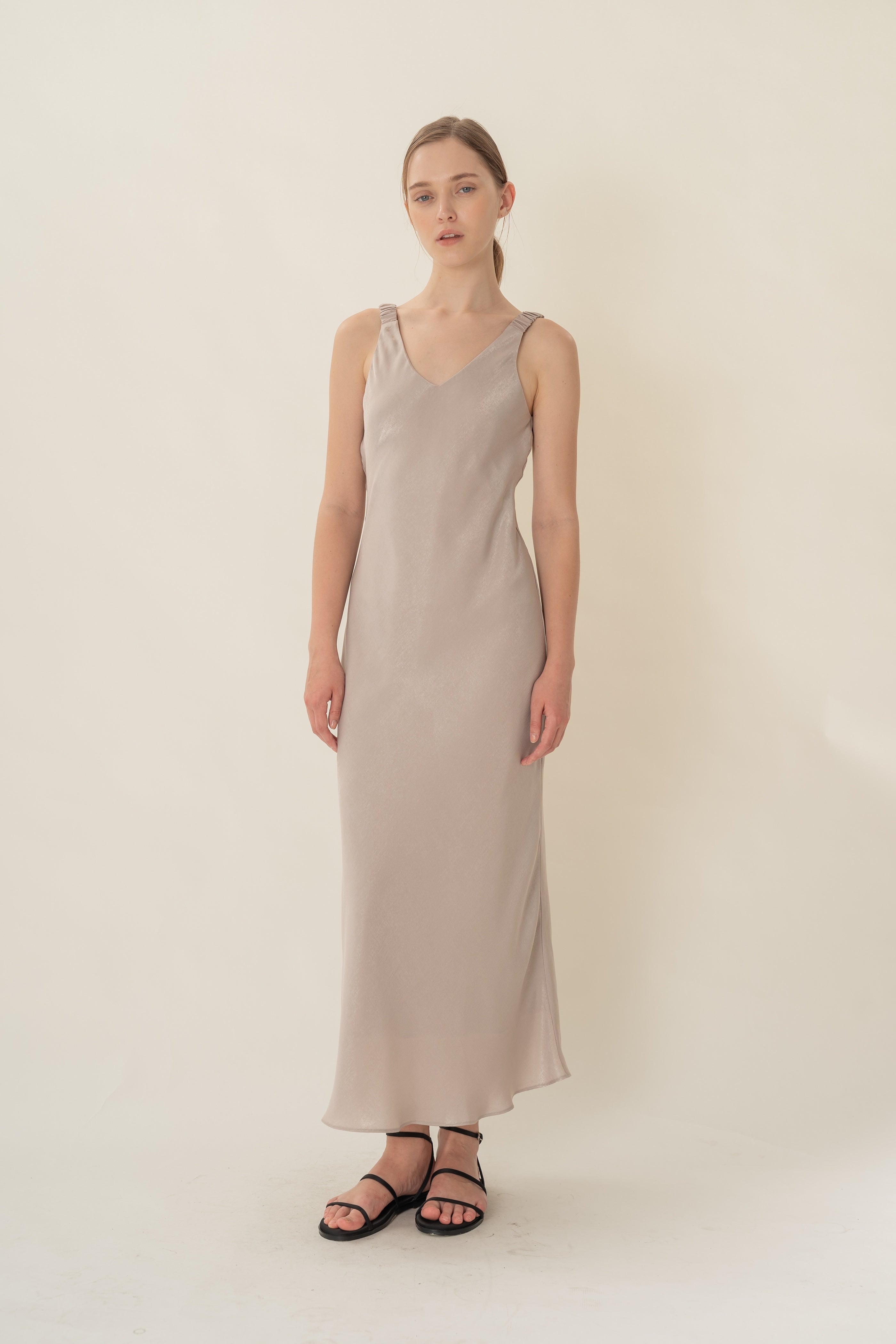 V Neck Slip Dress With Ruched Straps in Warm Grey