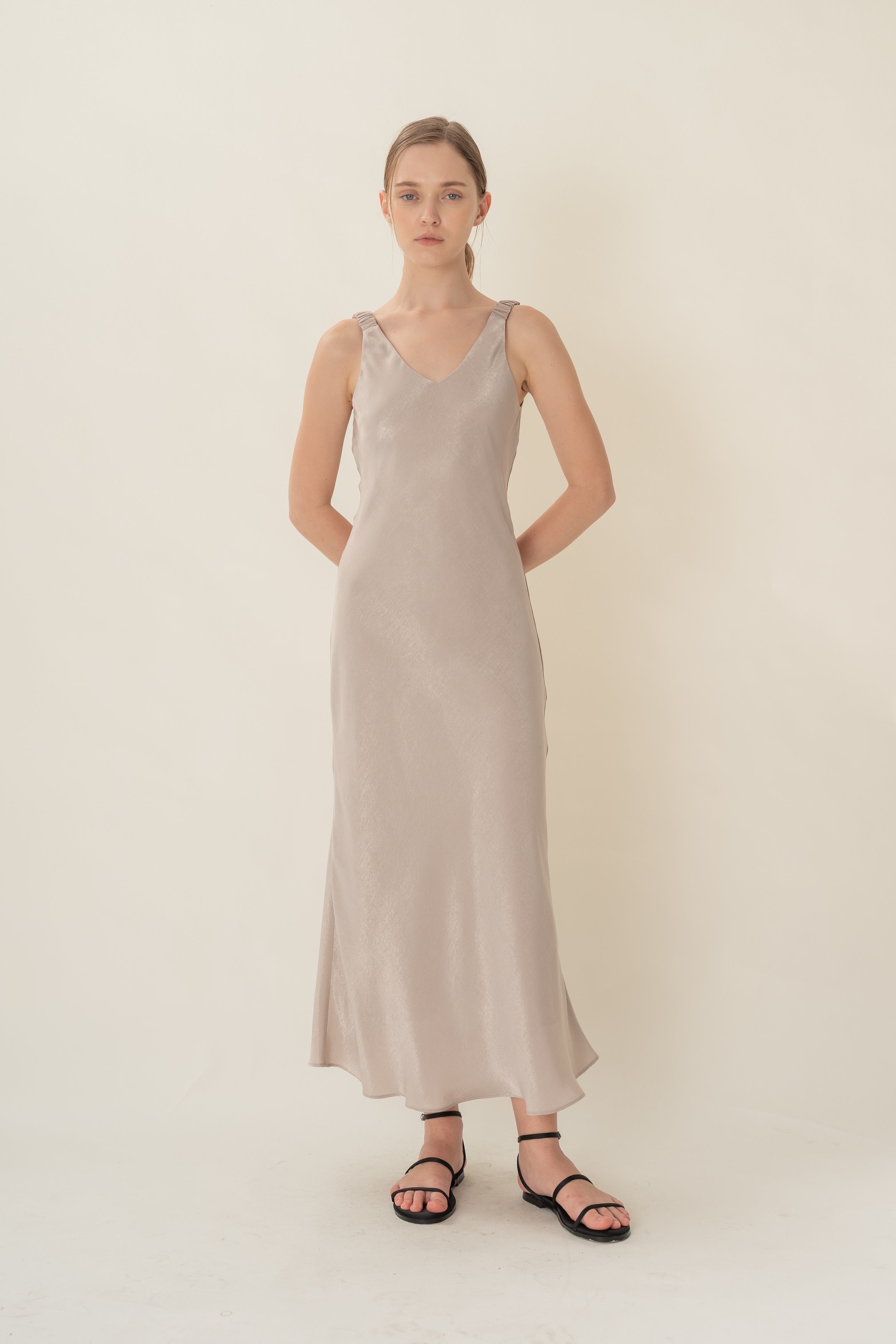 V Neck Slip Dress With Ruched Straps in Warm Grey