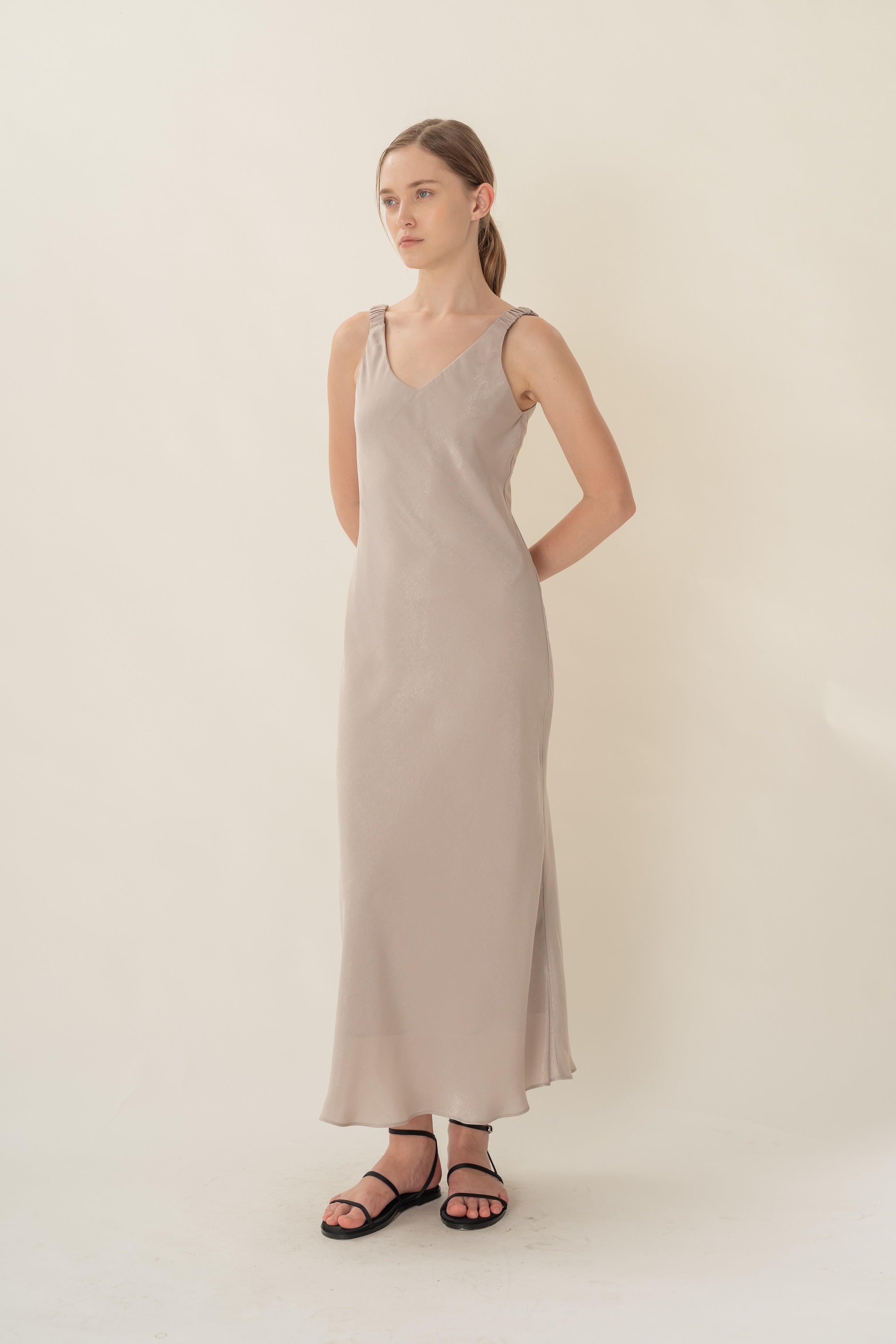 V Neck Slip Dress With Ruched Straps in Warm Grey