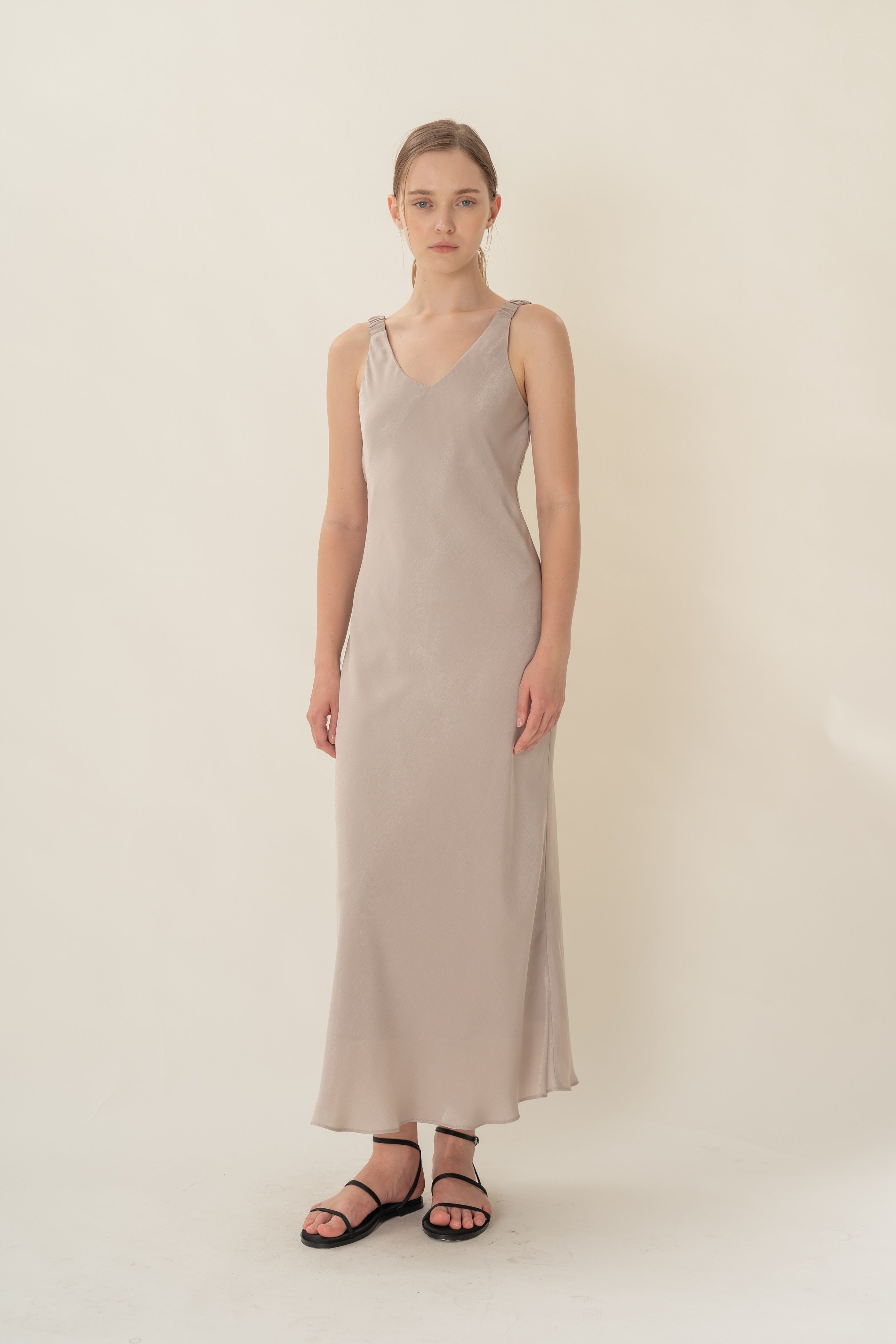 V Neck Slip Dress With Ruched Straps in Warm Grey