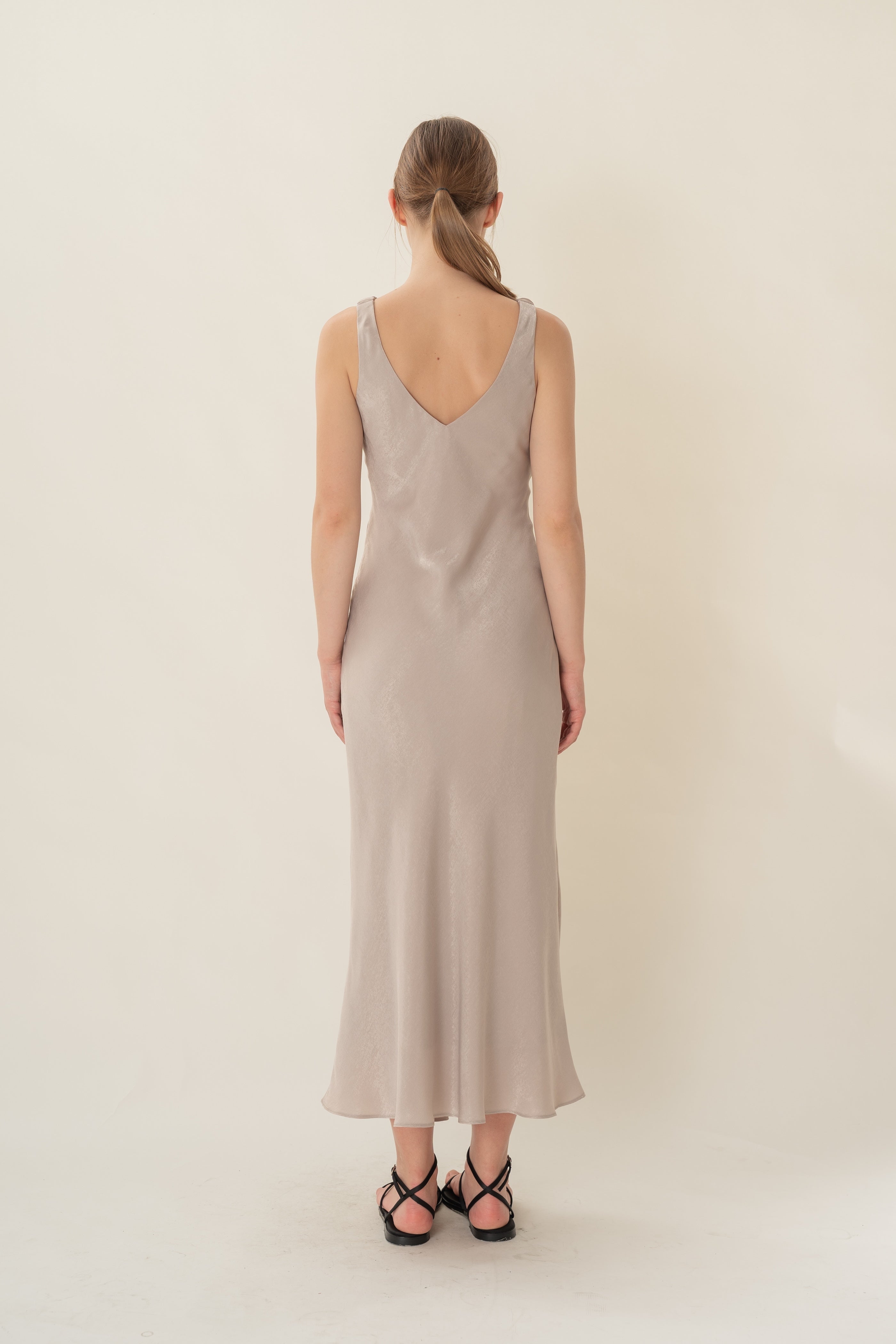 V Neck Slip Dress With Ruched Straps in Warm Grey