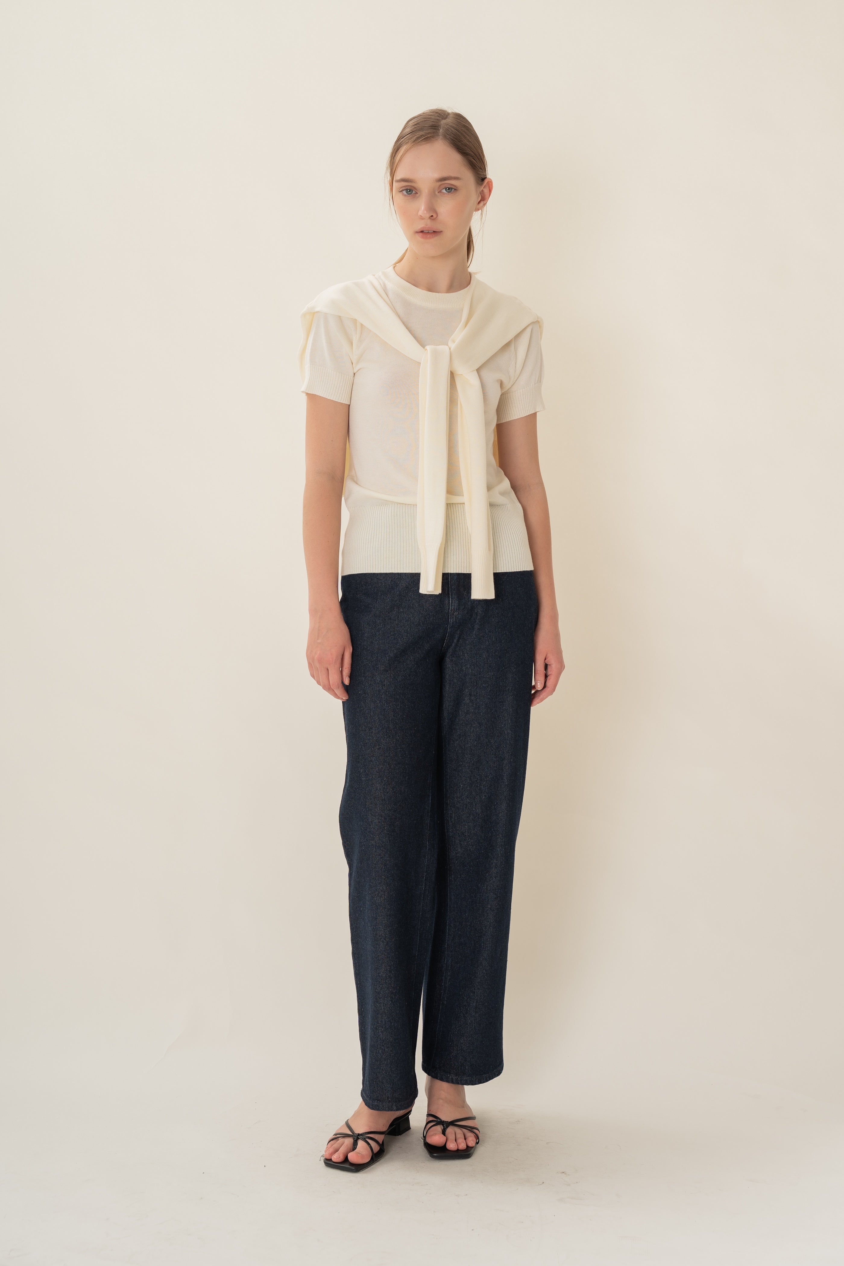 Two-Piece Knitted Short Sleeve Sweater in Ivory