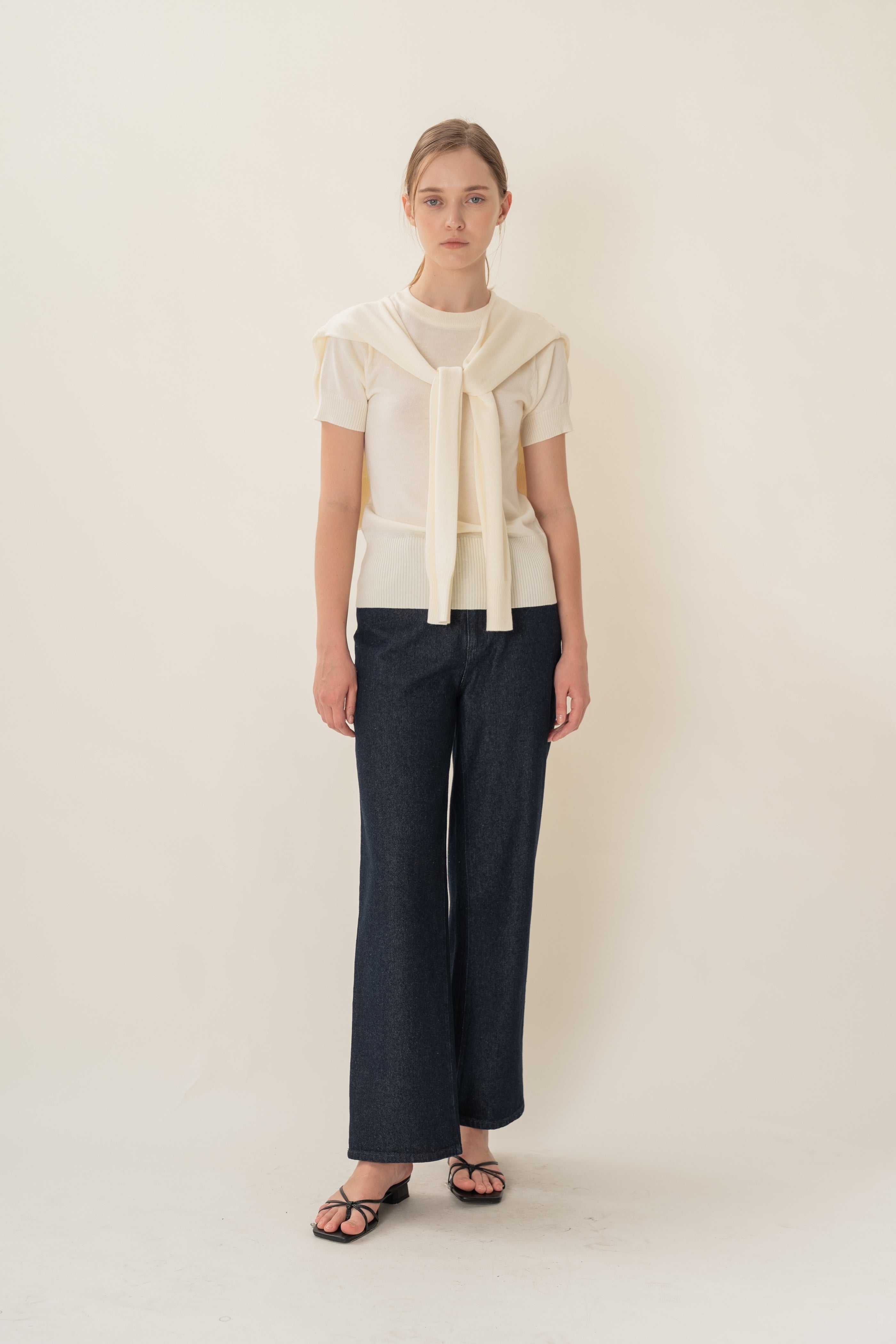 Two-Piece Knitted Short Sleeve Sweater in Ivory