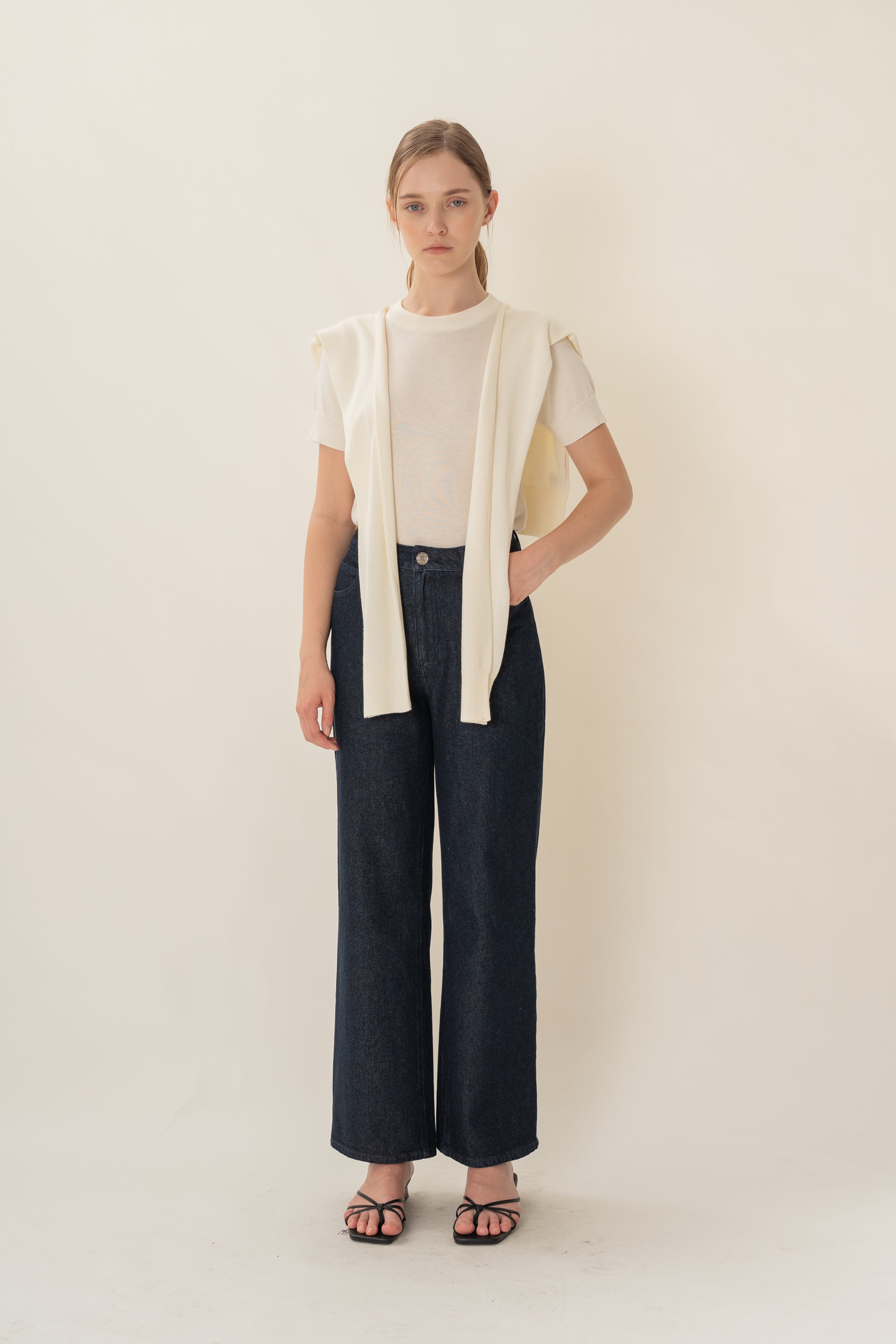 Two-Piece Knitted Short Sleeve Sweater in Ivory
