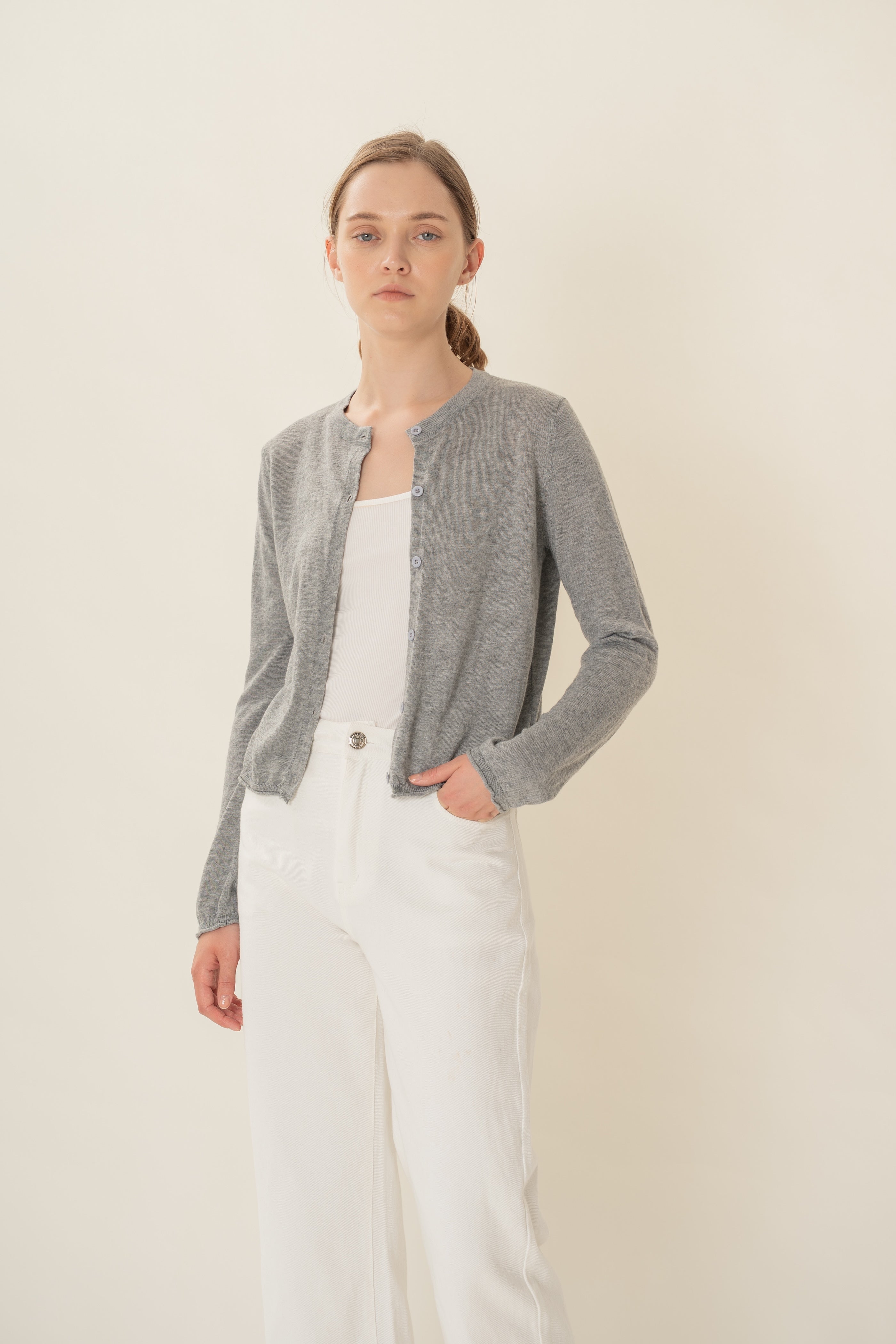 Soft Fold Fine Knit Cardigan in Heather Grey