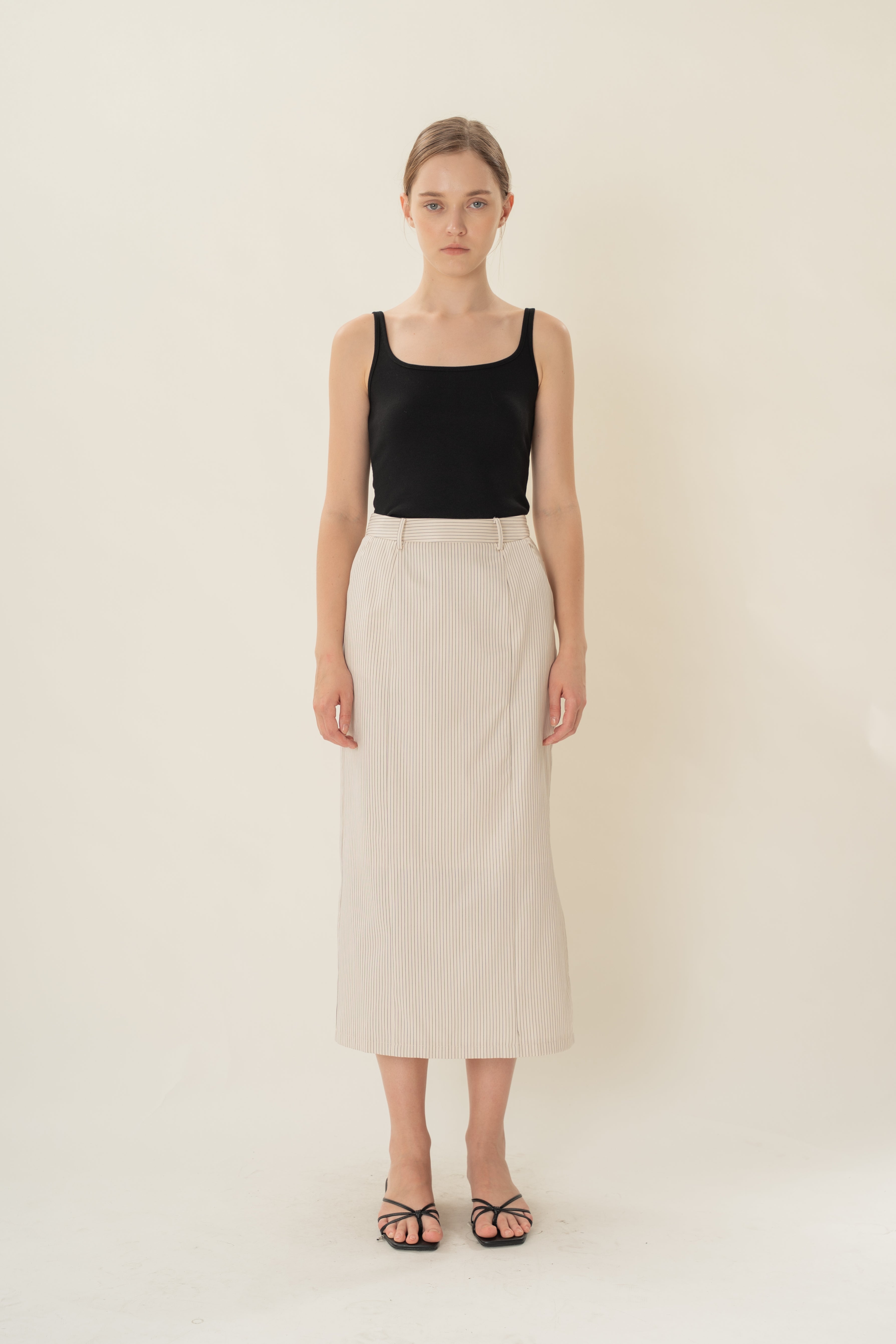 Straight Midi Skirt in Natural Stripes