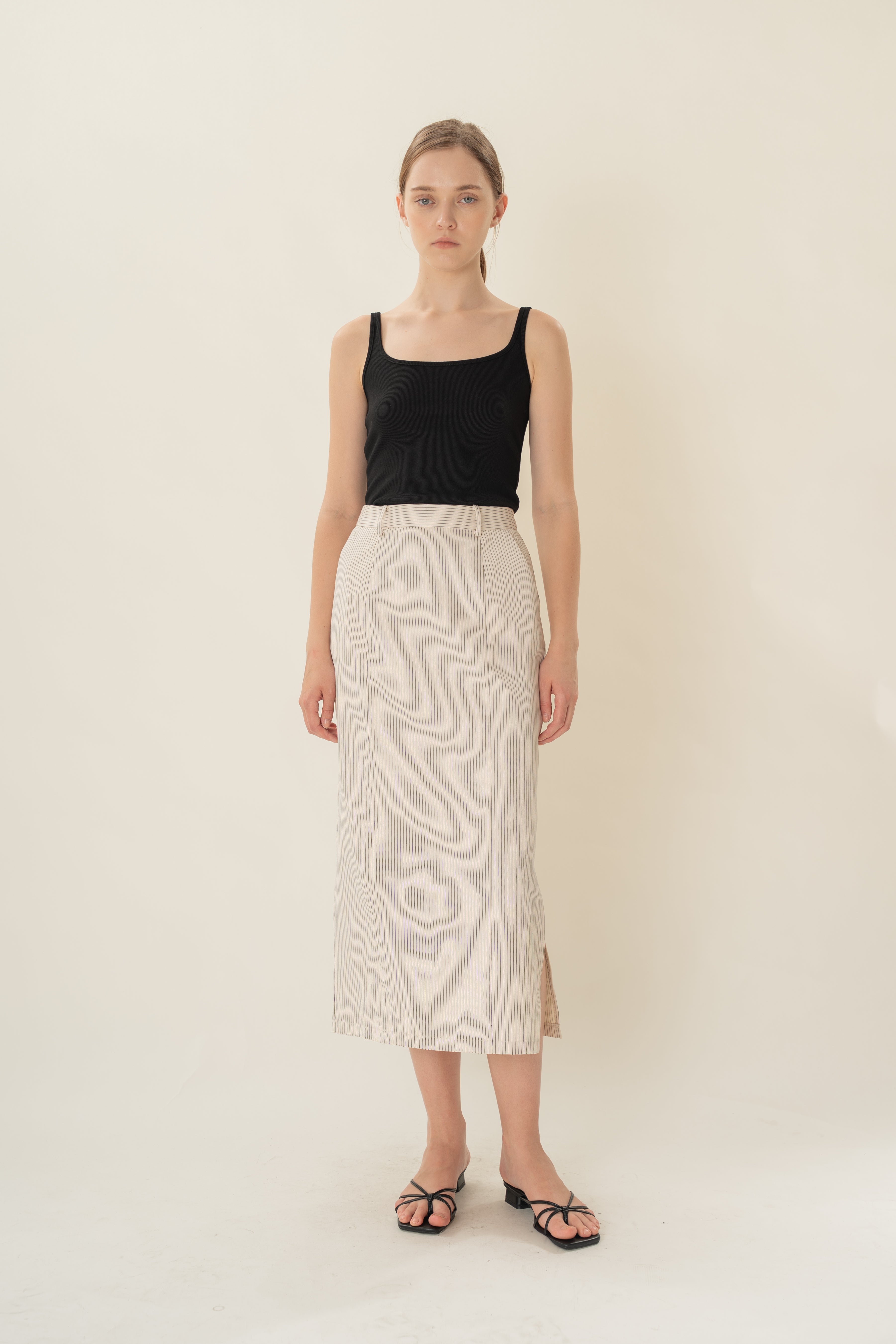 Straight Midi Skirt in Natural Stripes