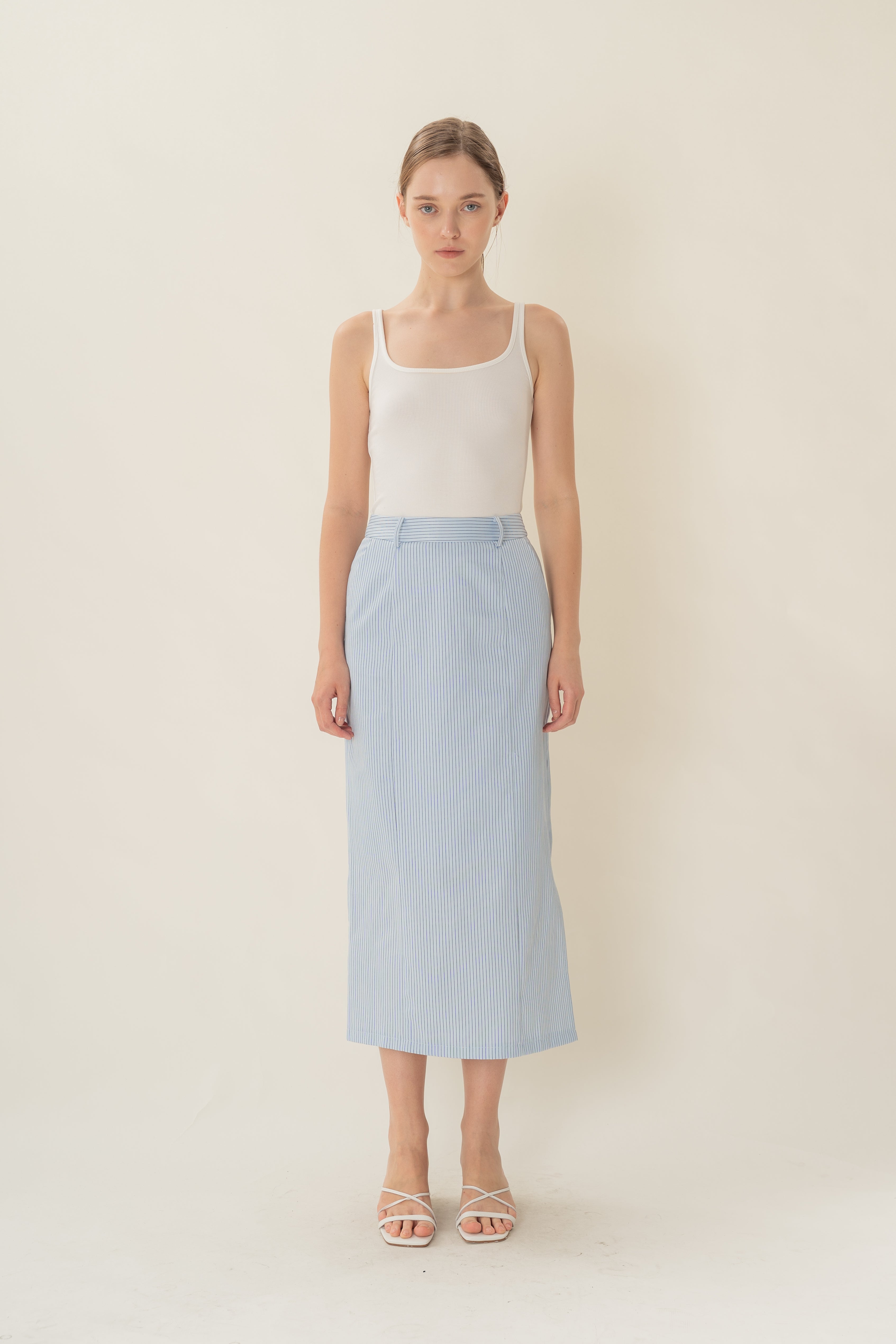 Straight Midi Skirt in Light Blue Stripes