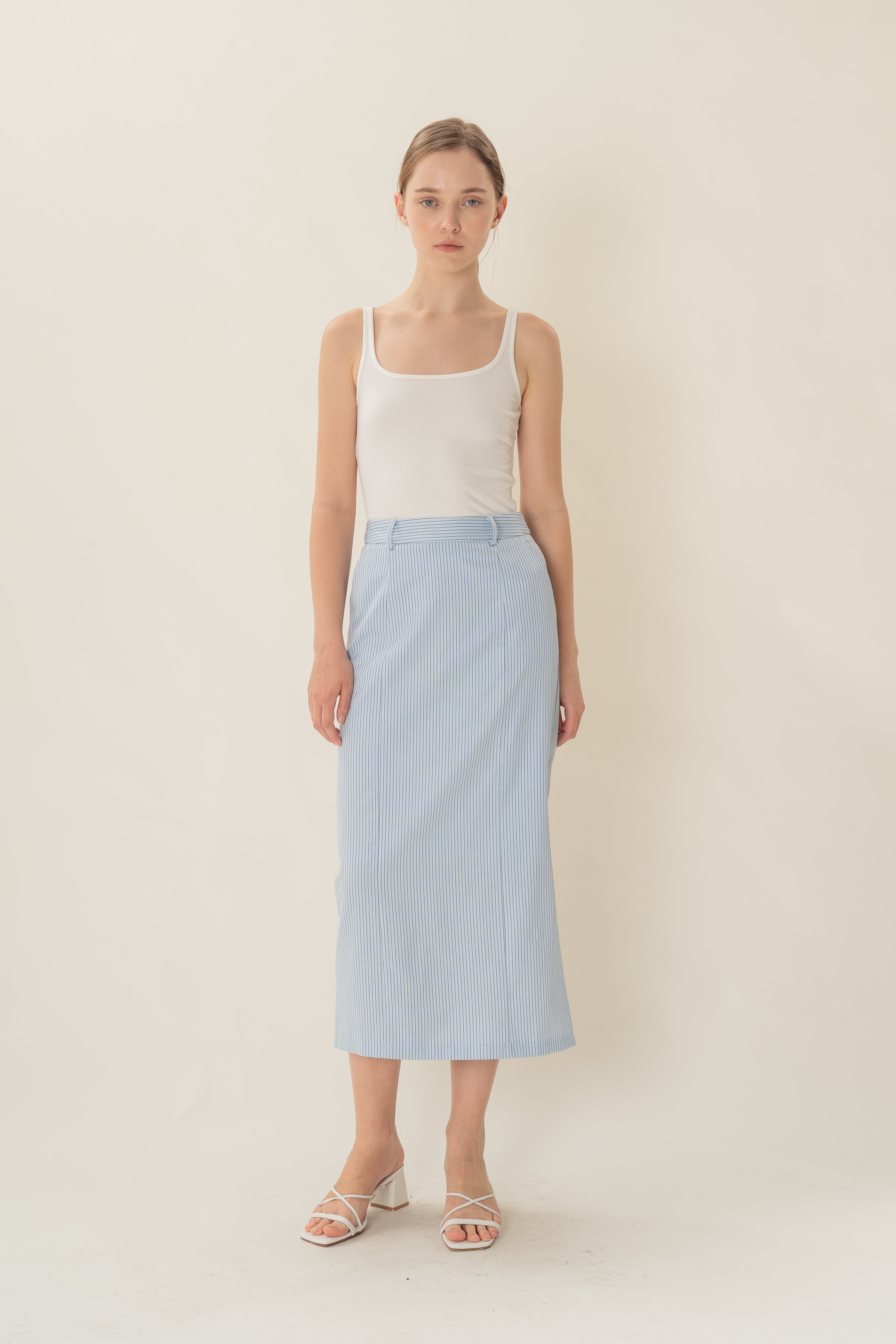 Straight Midi Skirt in Light Blue Stripes
