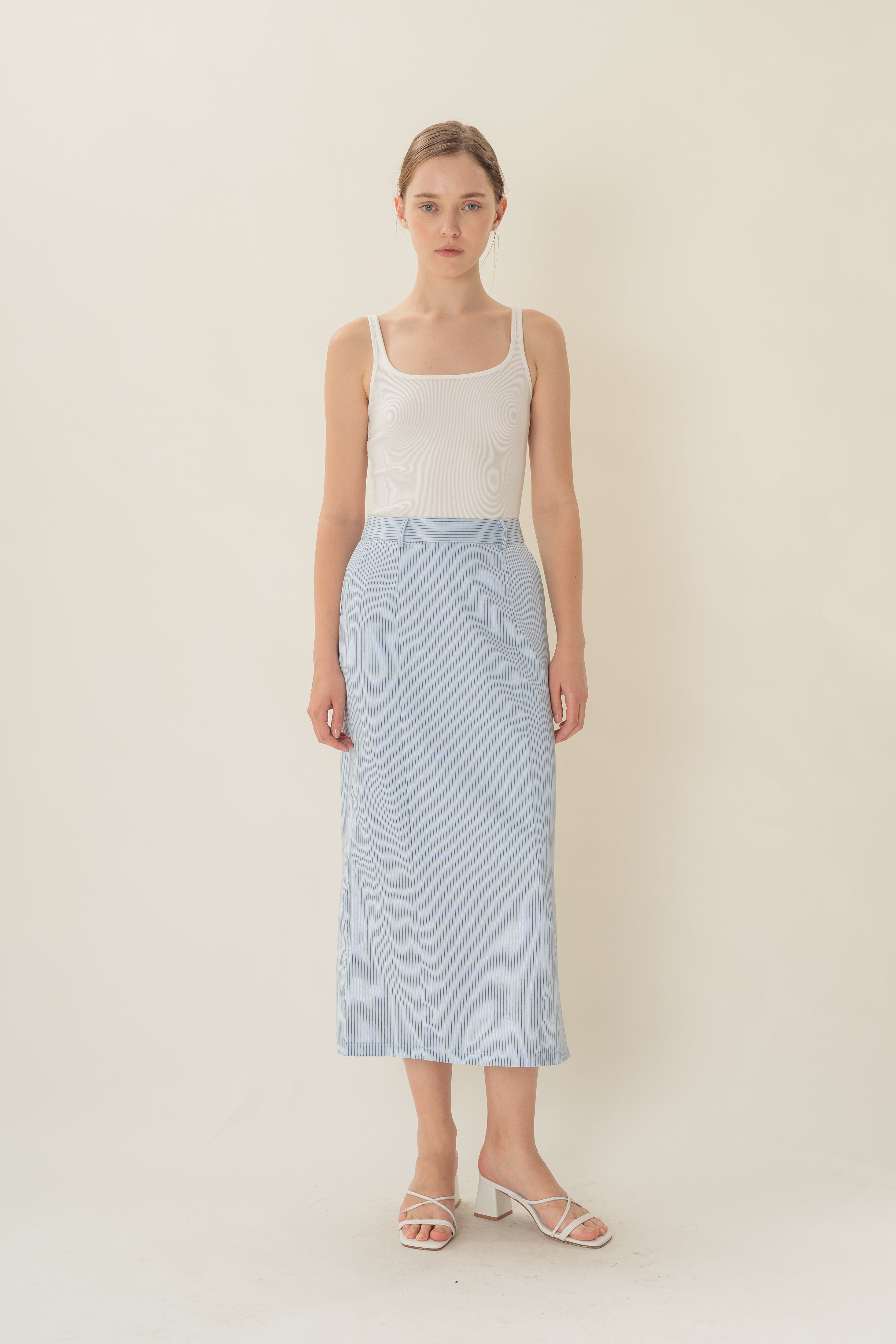 Straight Midi Skirt in Light Blue Stripes
