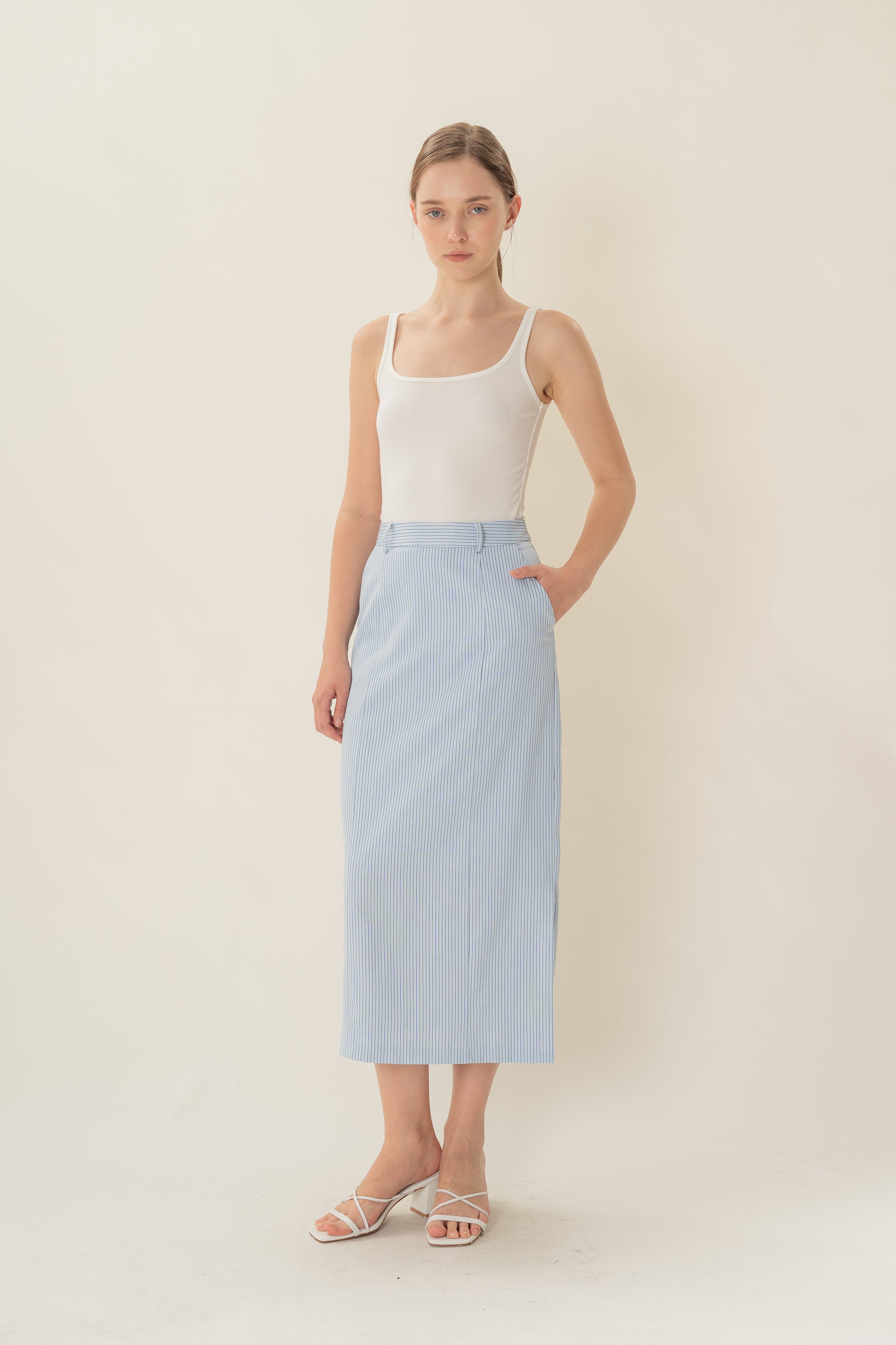 Straight Midi Skirt in Light Blue Stripes