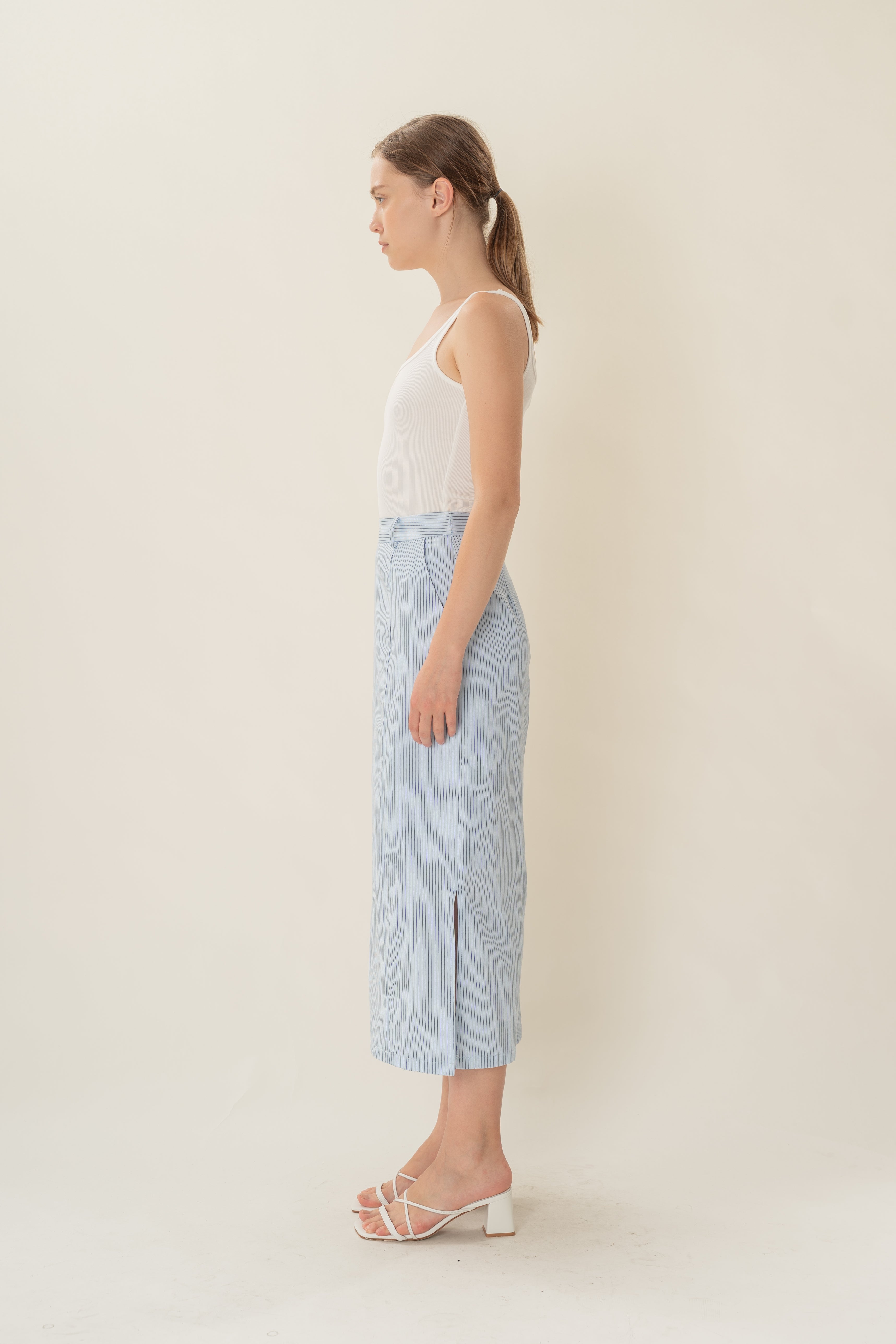 Straight Midi Skirt in Light Blue Stripes