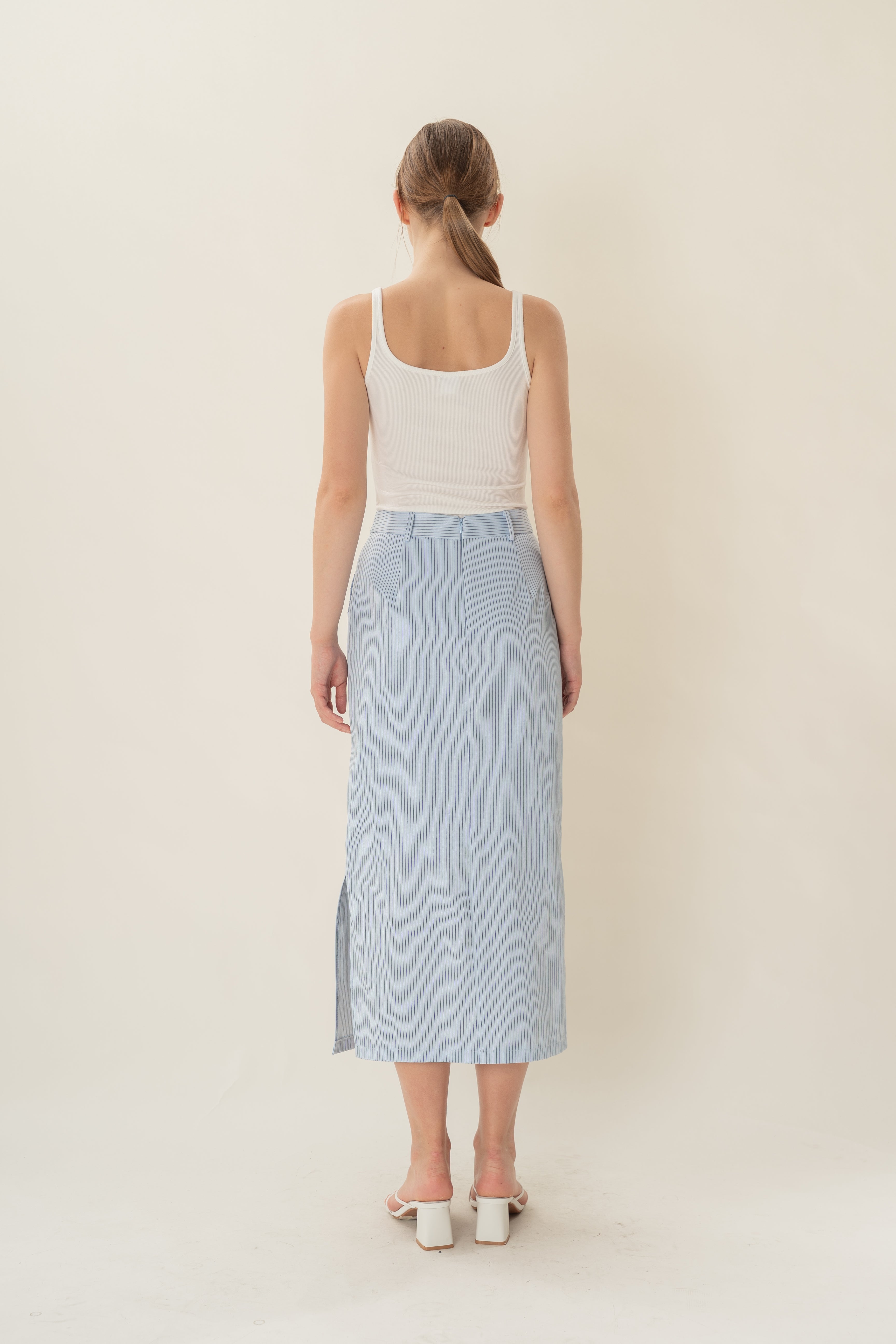 Straight Midi Skirt in Light Blue Stripes