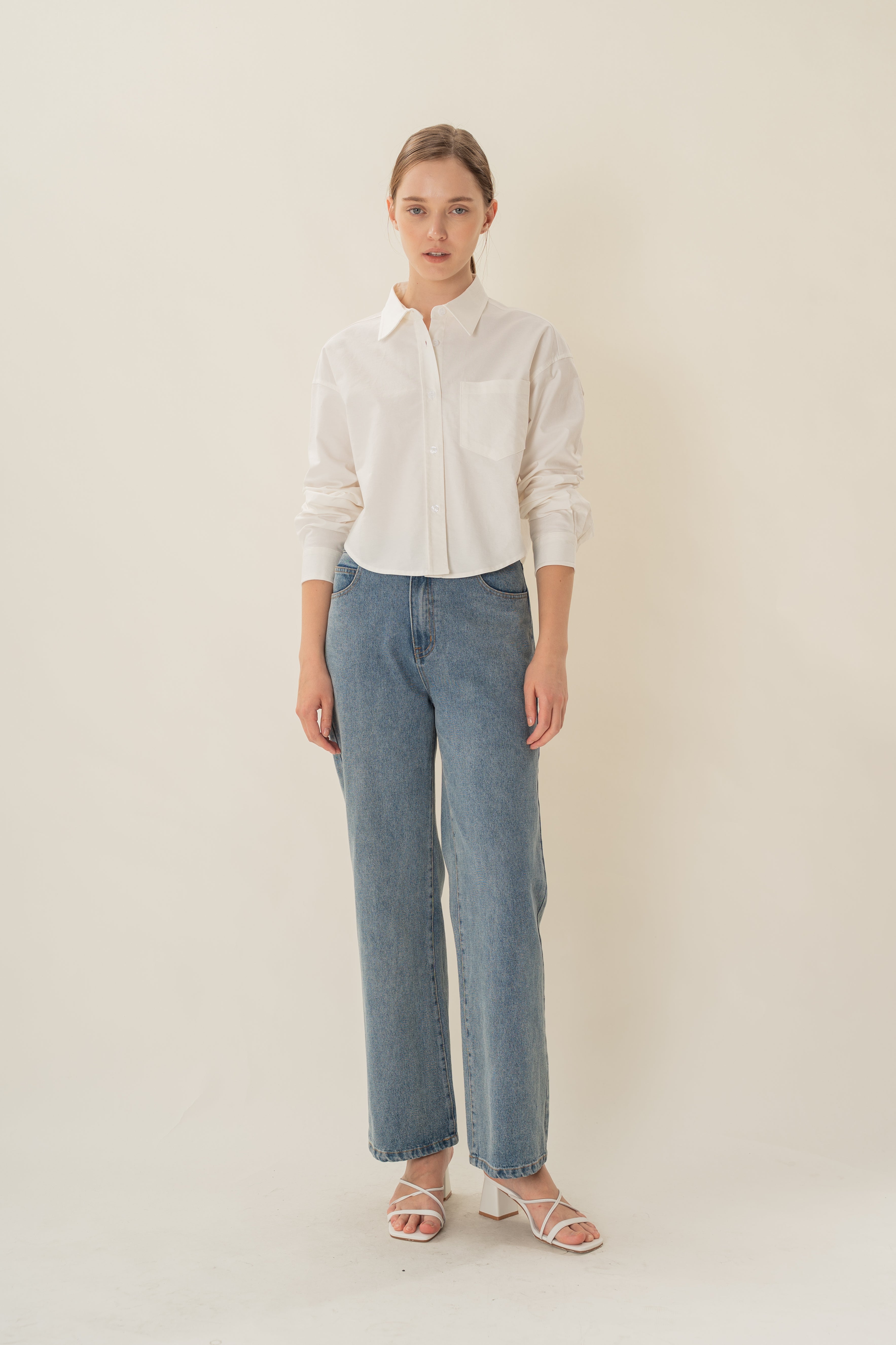 Oxford Long Sleeved Cropped Shirt in White