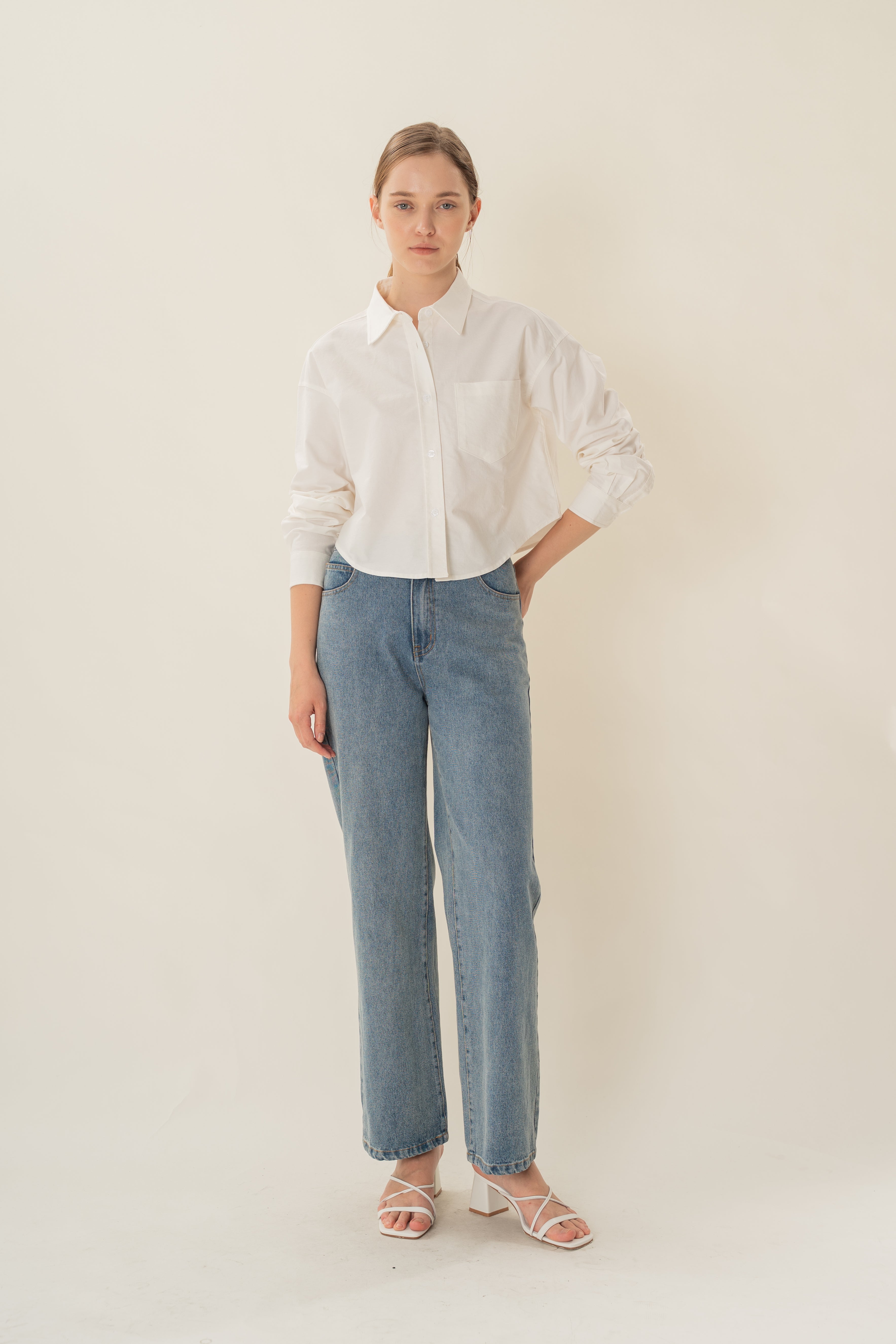 Oxford Long Sleeved Cropped Shirt in White