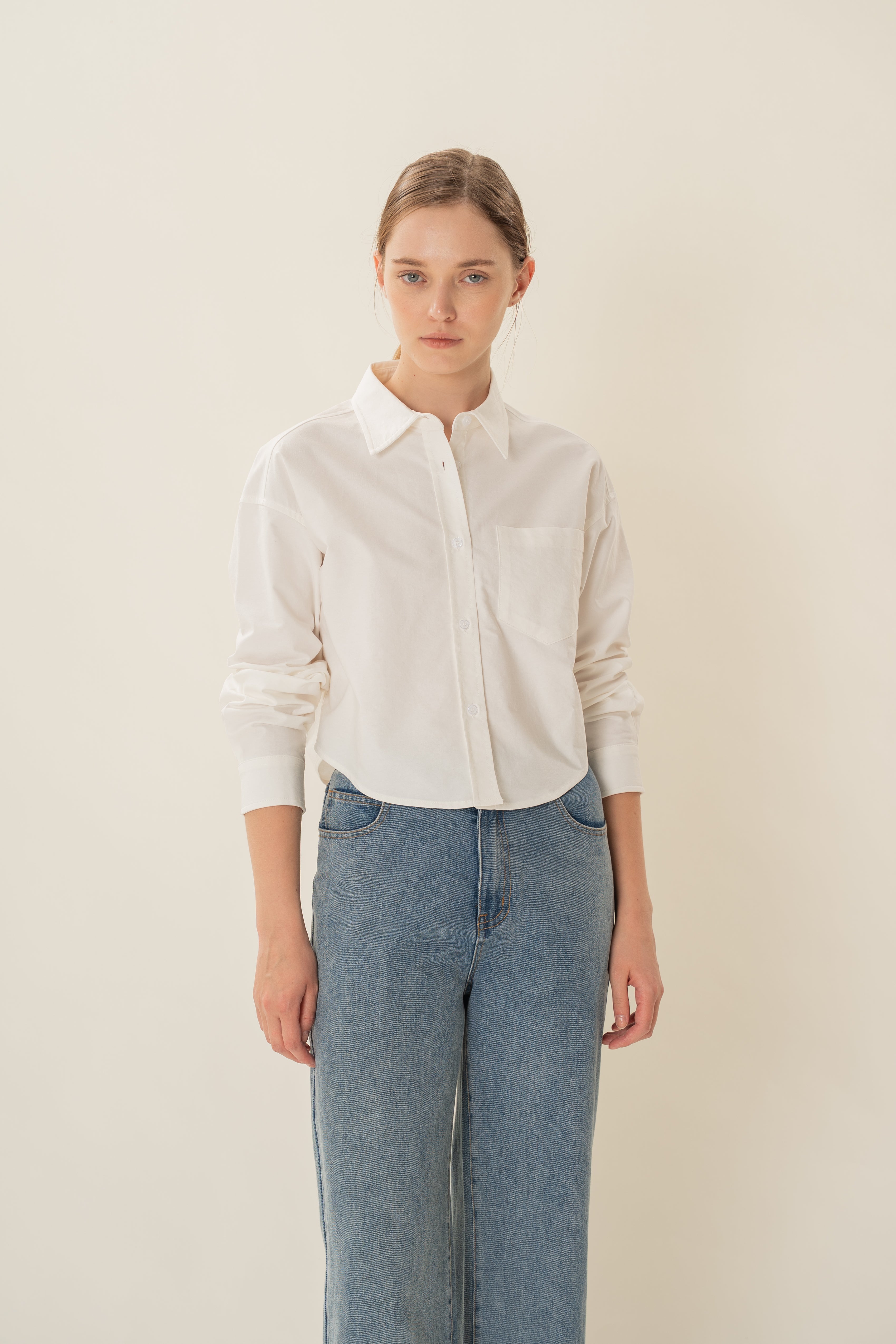 Oxford Long Sleeved Cropped Shirt in White