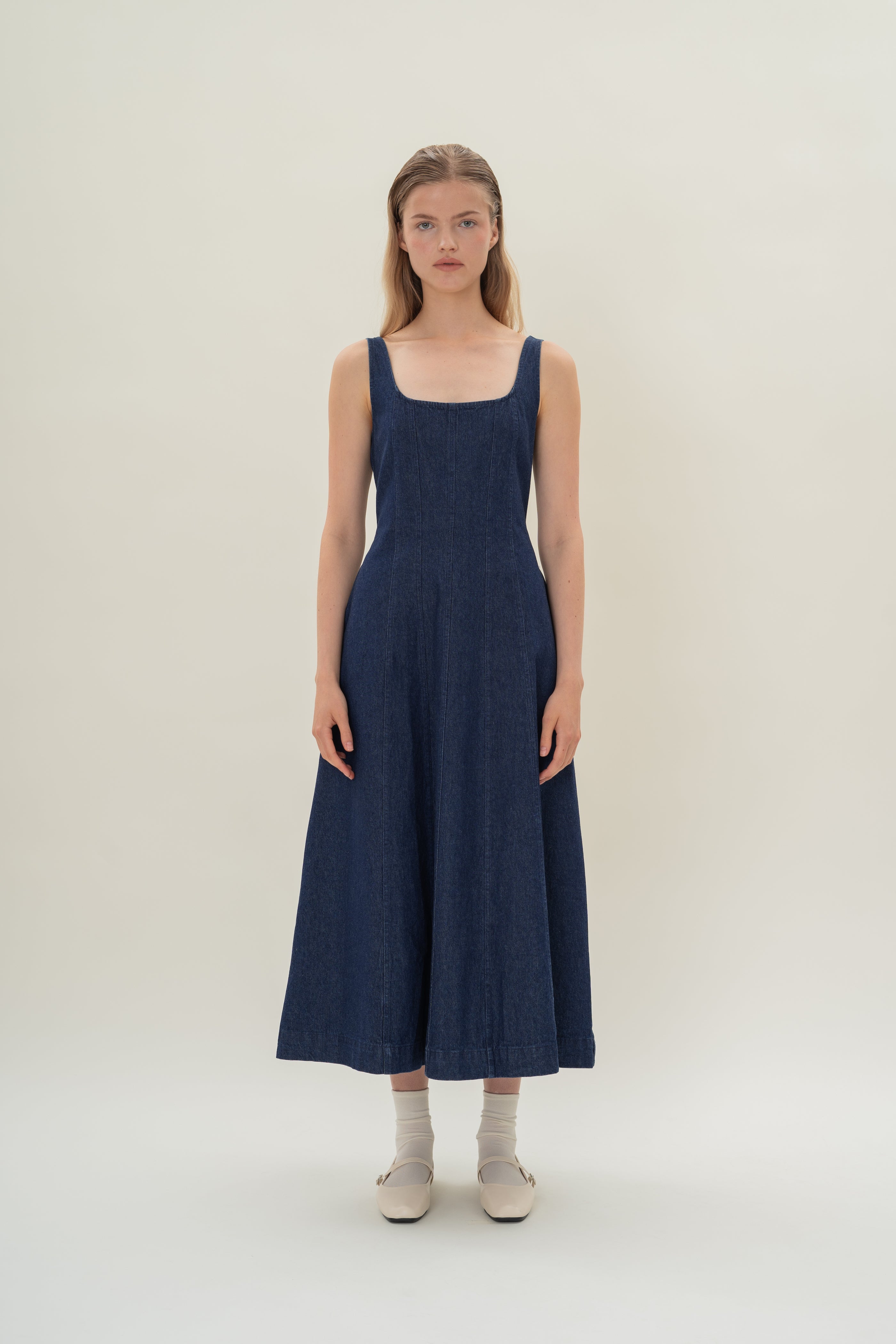 Scoop Neck Denim Dress in Dark Wash