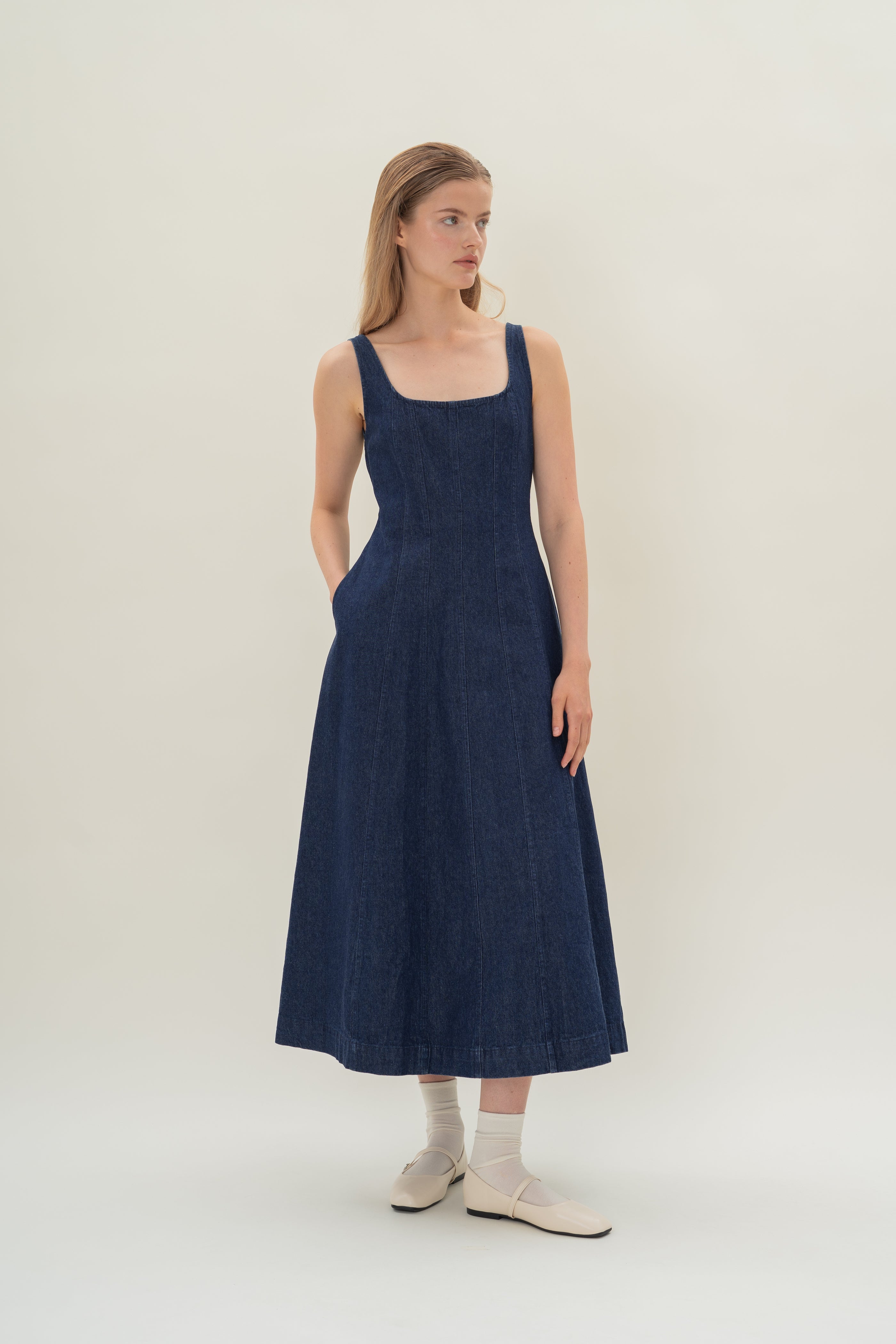 Scoop Neck Denim Dress in Dark Wash