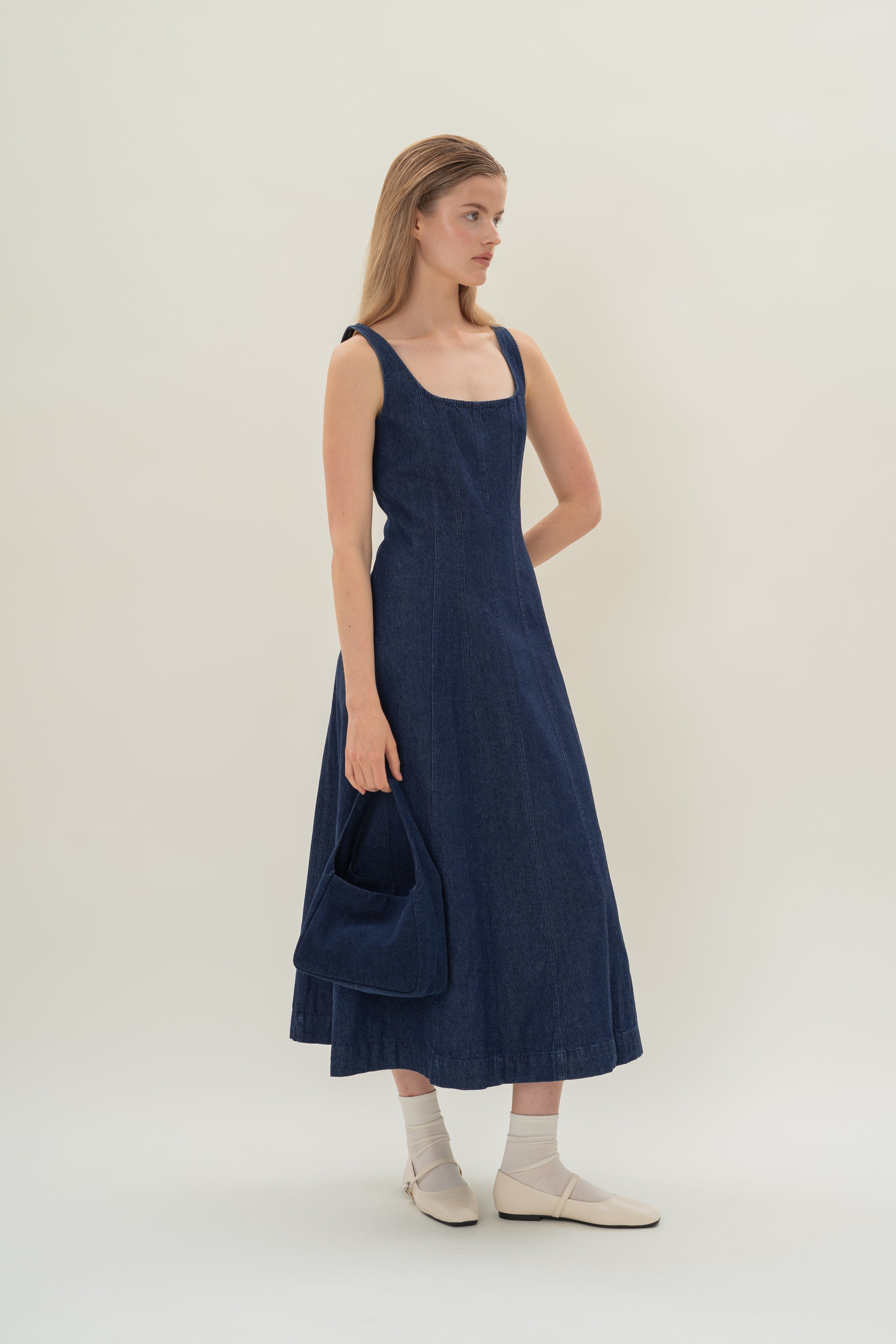 Scoop Neck Denim Dress in Dark Wash