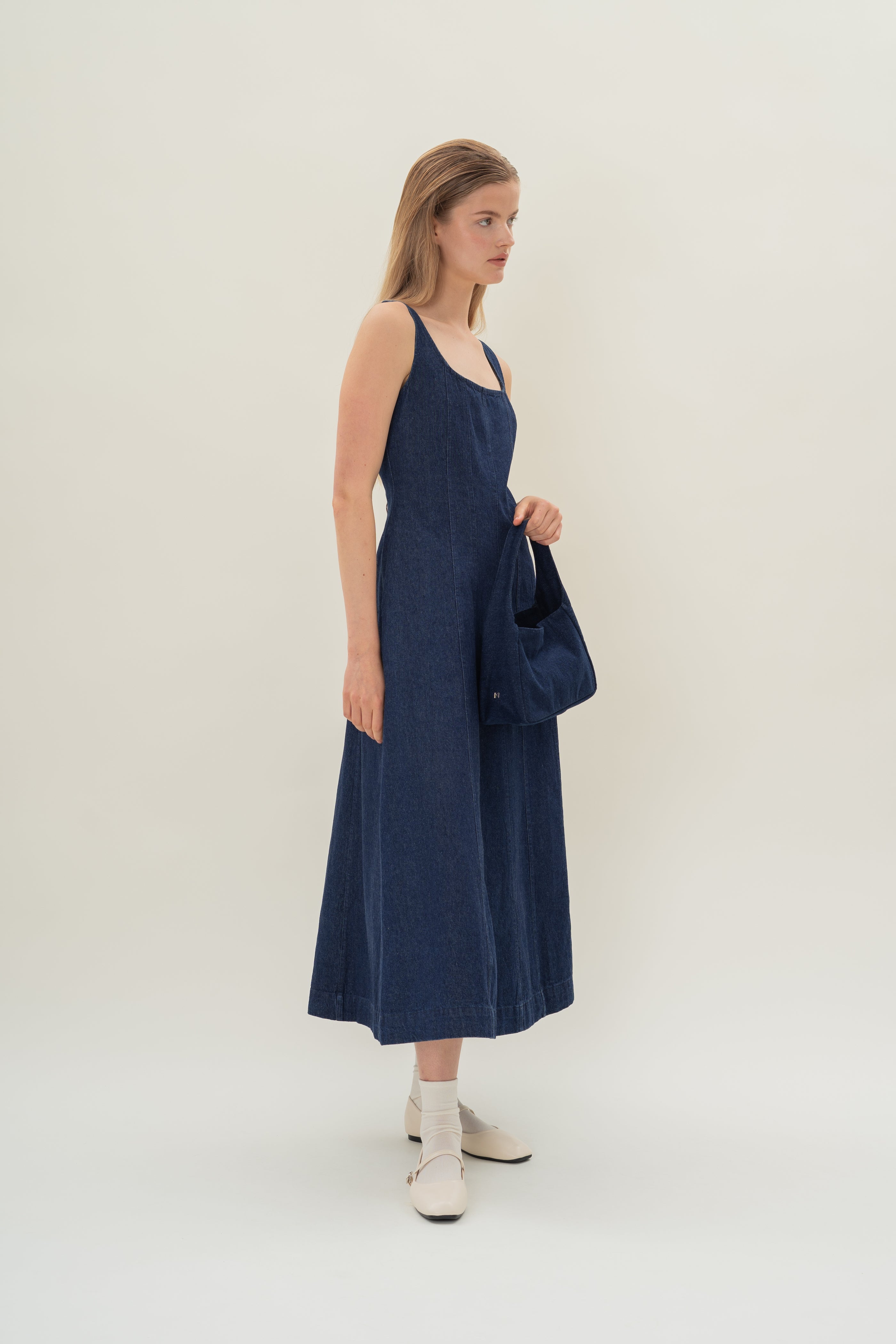 Scoop Neck Denim Dress in Dark Wash