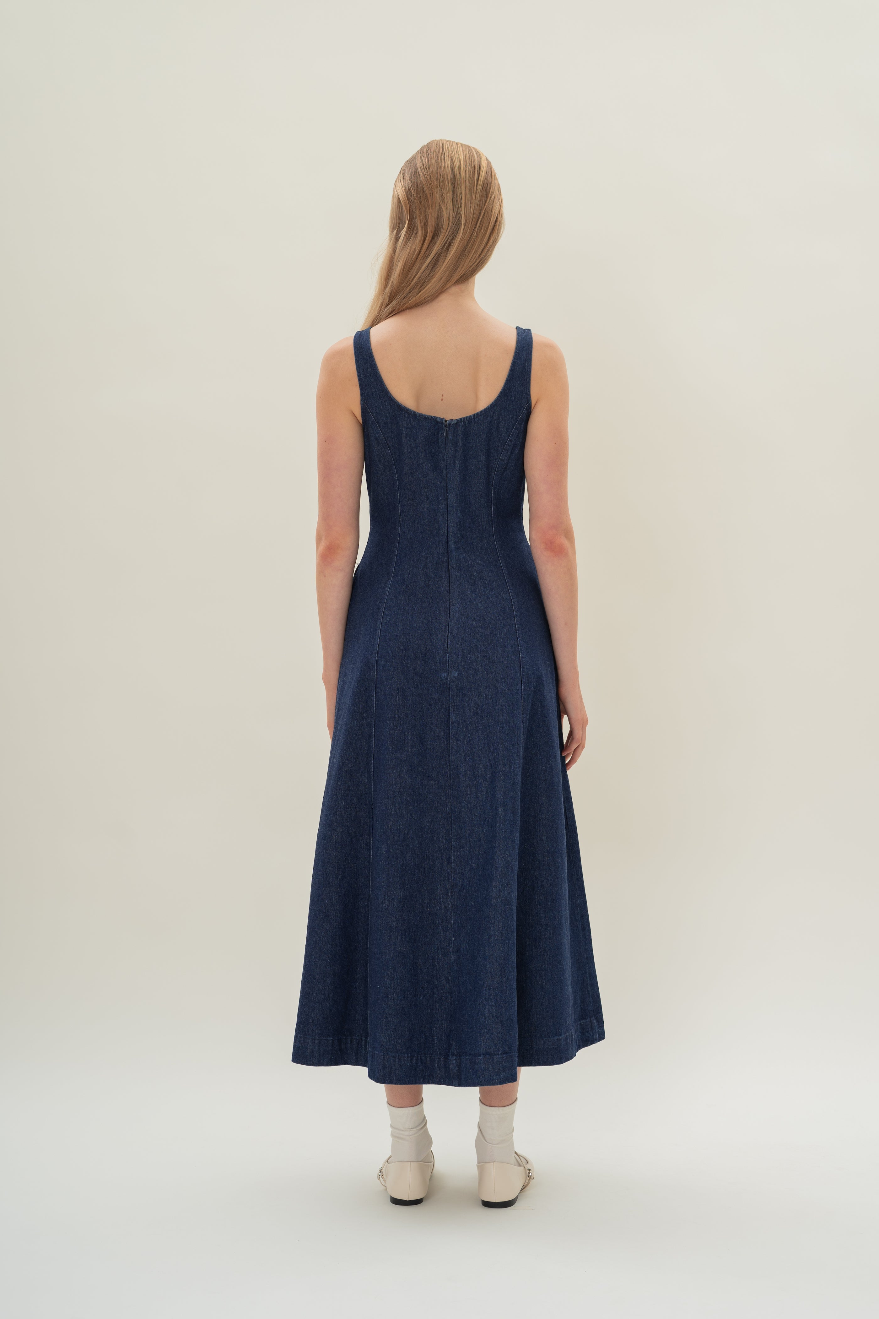 Scoop Neck Denim Dress in Dark Wash