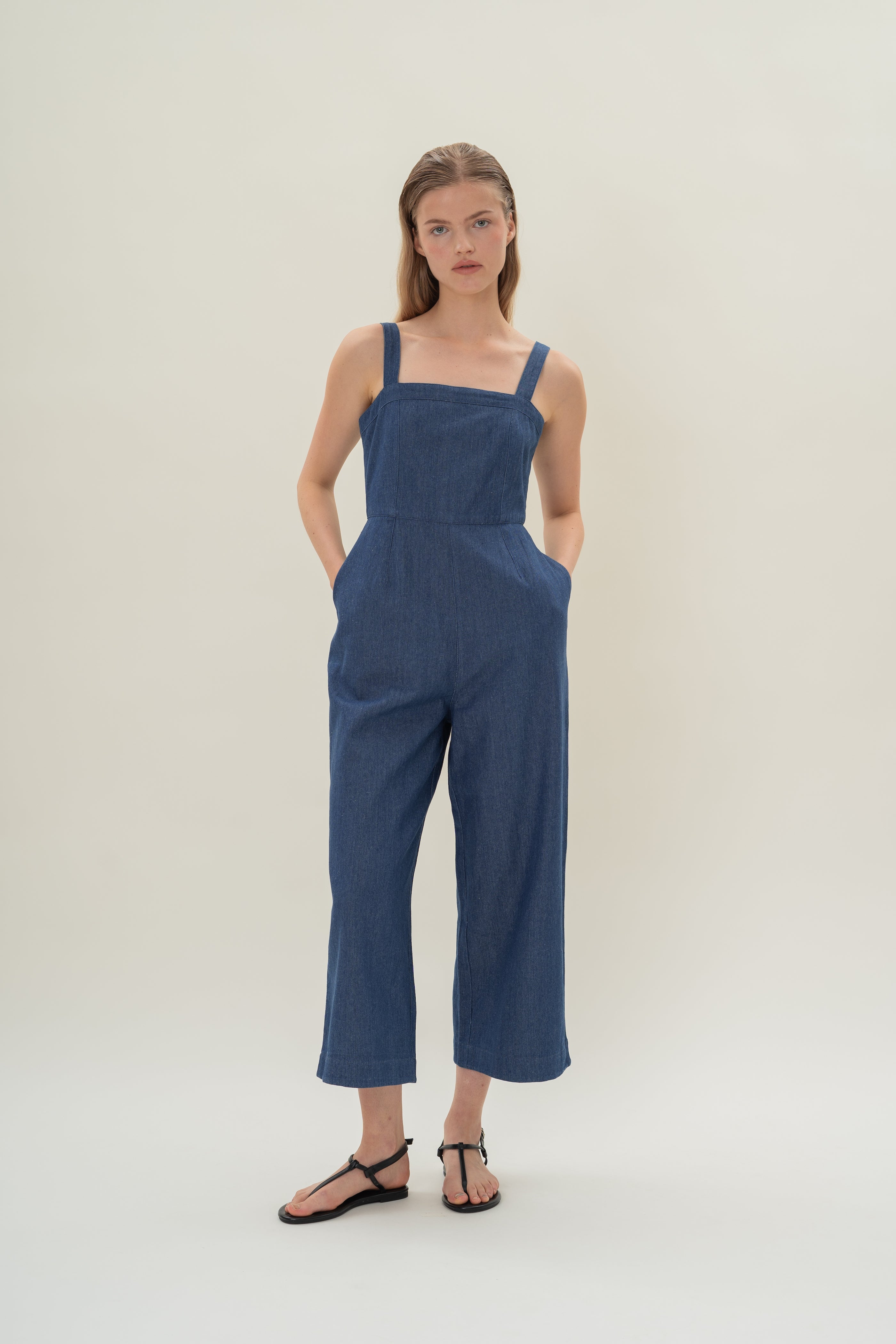 Straight Neckline Denim Jumpsuit in Mid Blue