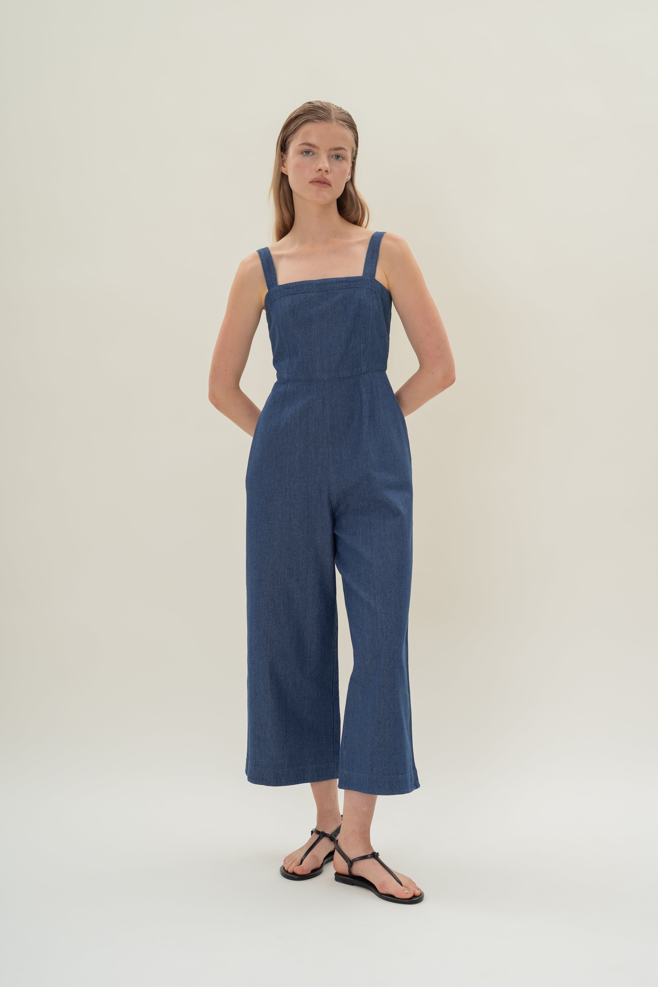 Straight Neckline Denim Jumpsuit in Mid Blue