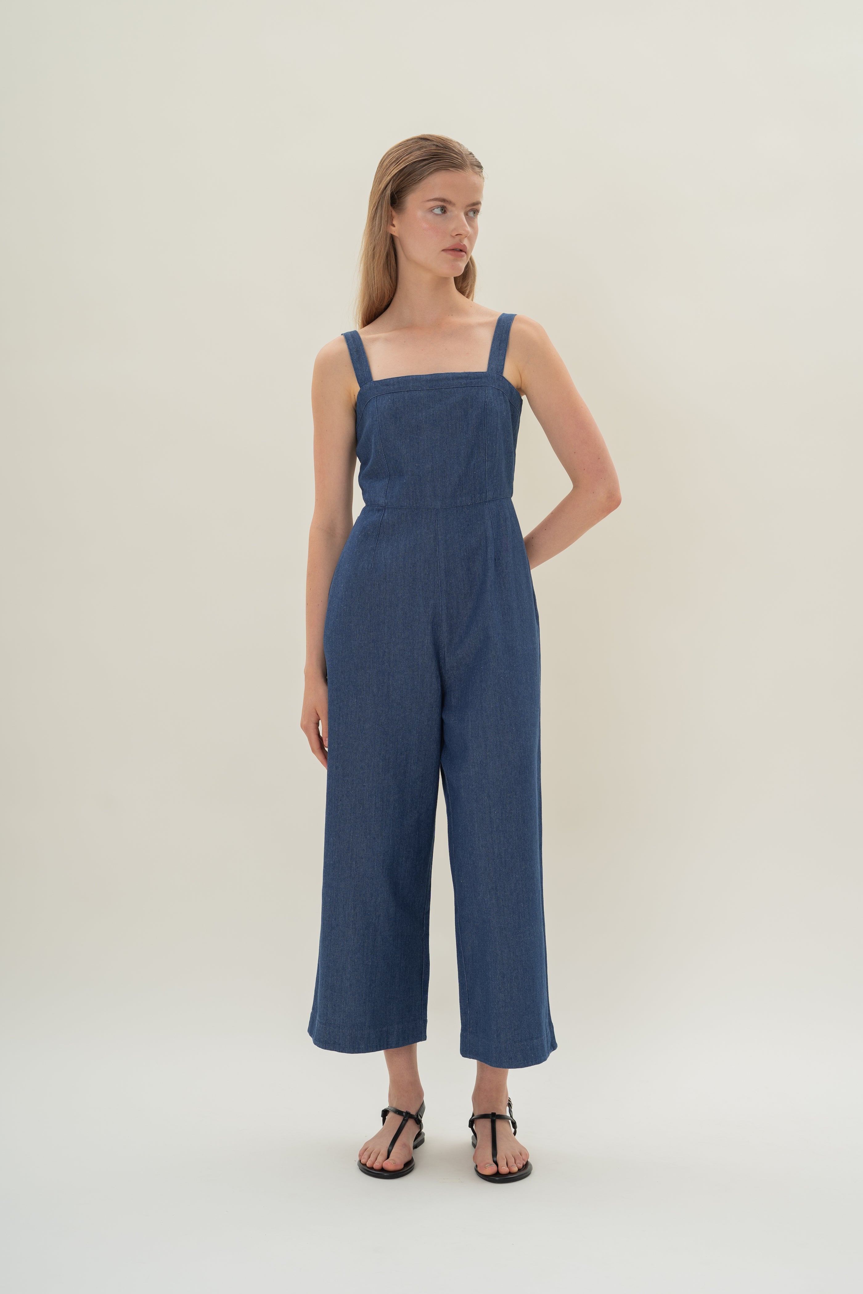 Straight Neckline Denim Jumpsuit in Mid Blue