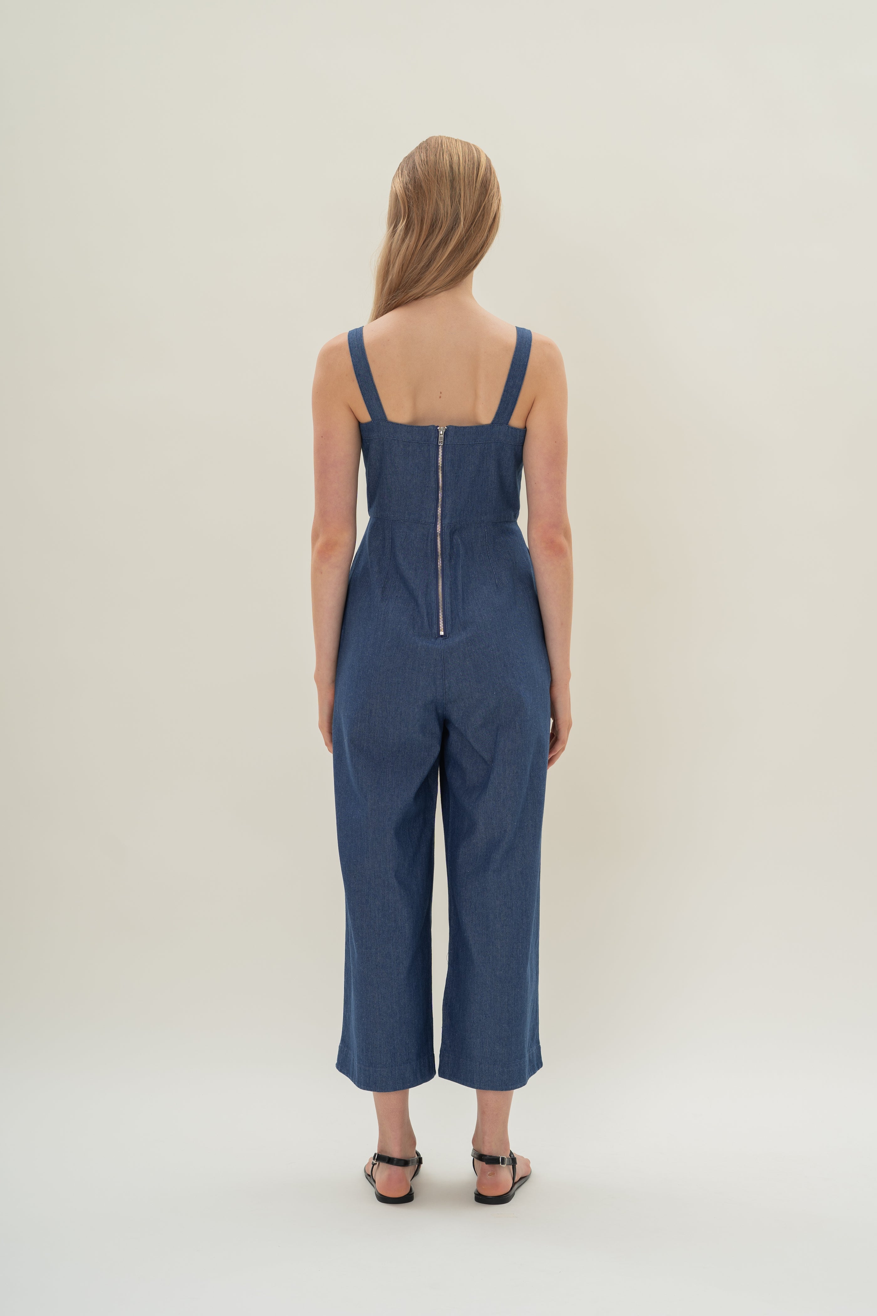 Straight Neckline Denim Jumpsuit in Mid Blue