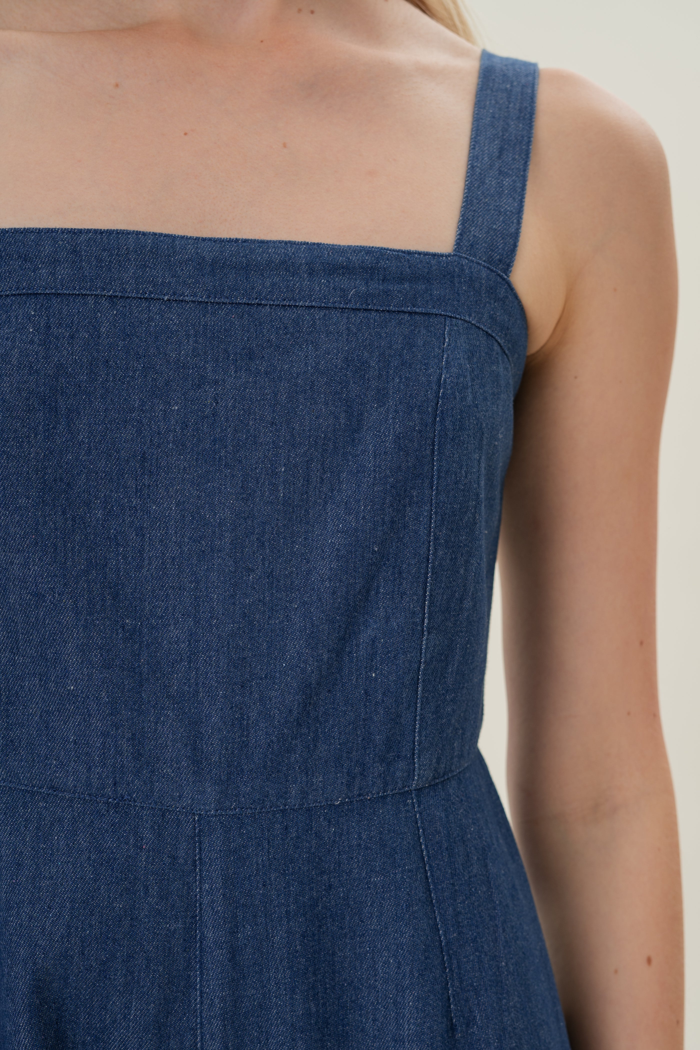 Straight Neckline Denim Jumpsuit in Mid Blue