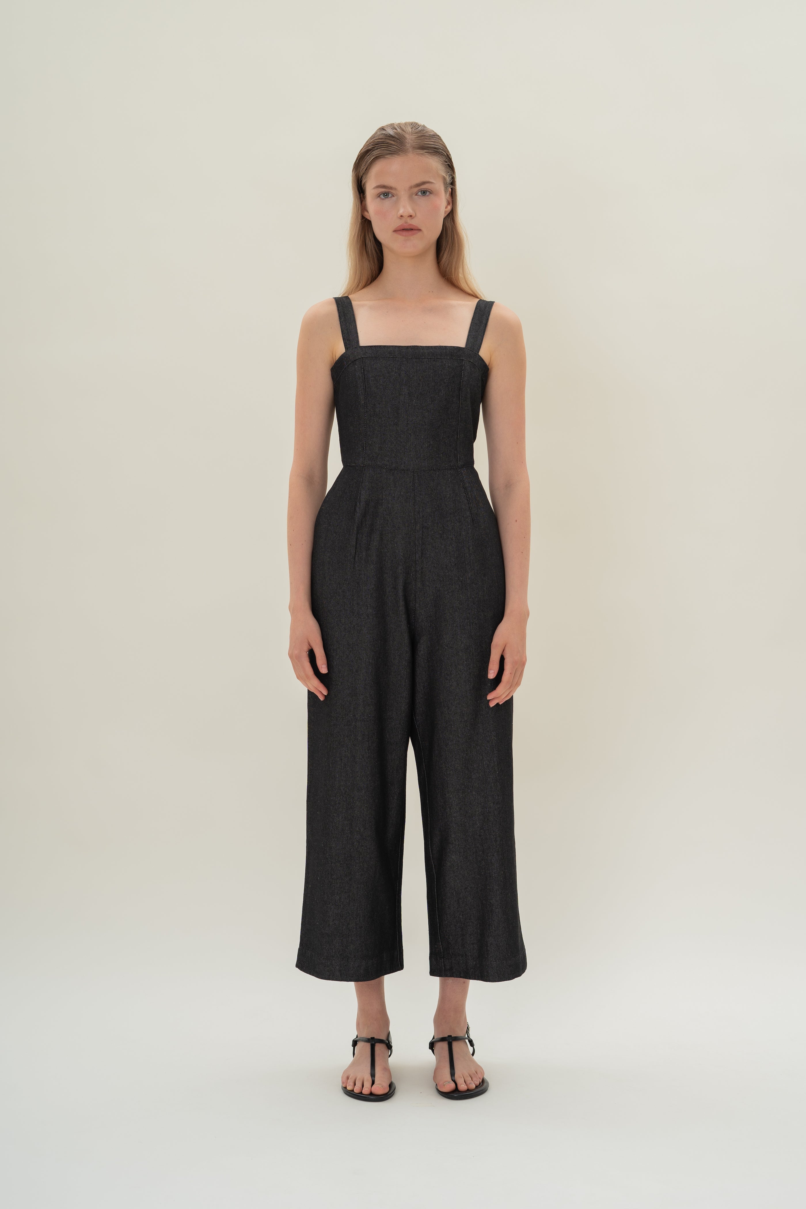 Straight Neckline Denim Jumpsuit in Black