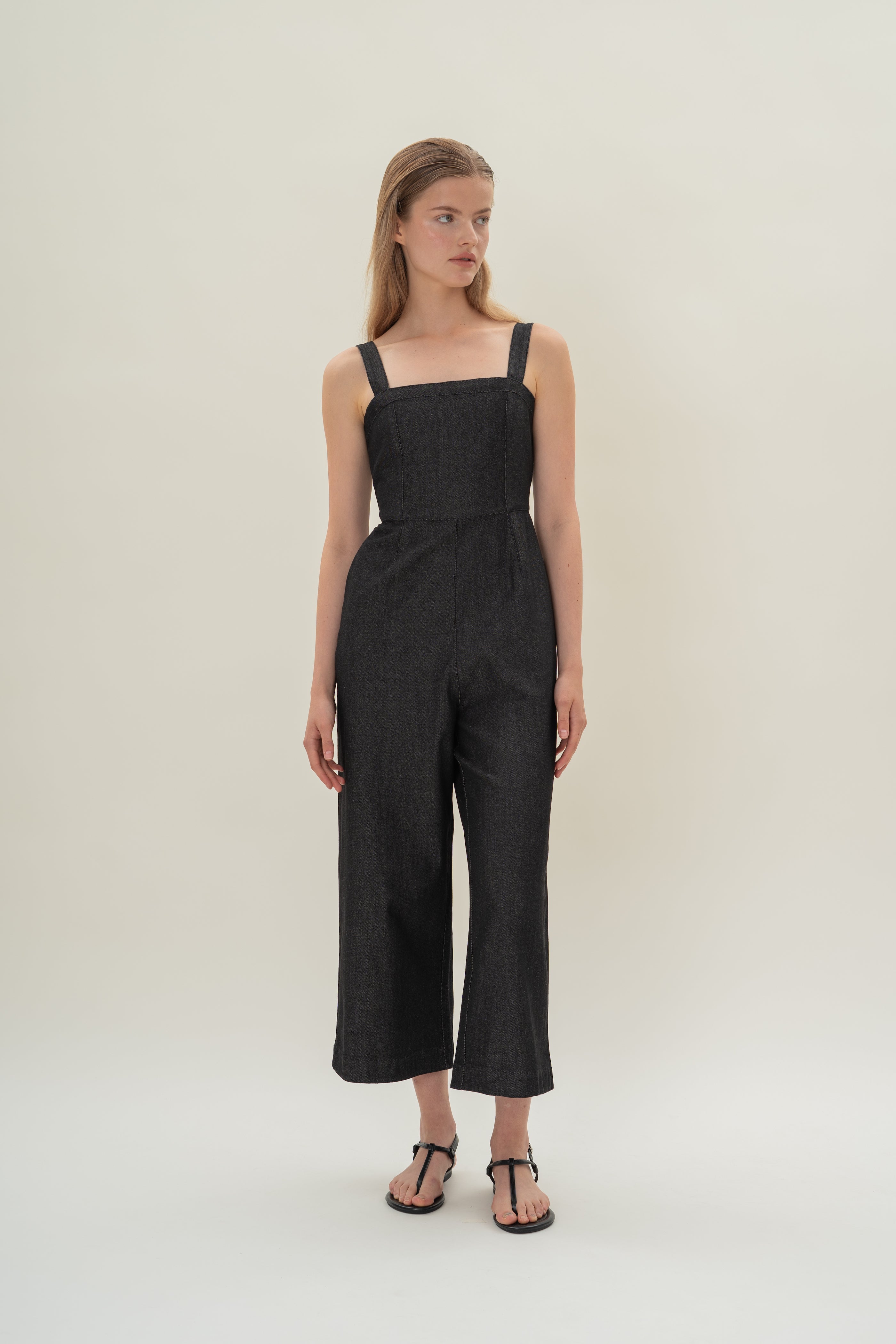 Straight Neckline Denim Jumpsuit in Black