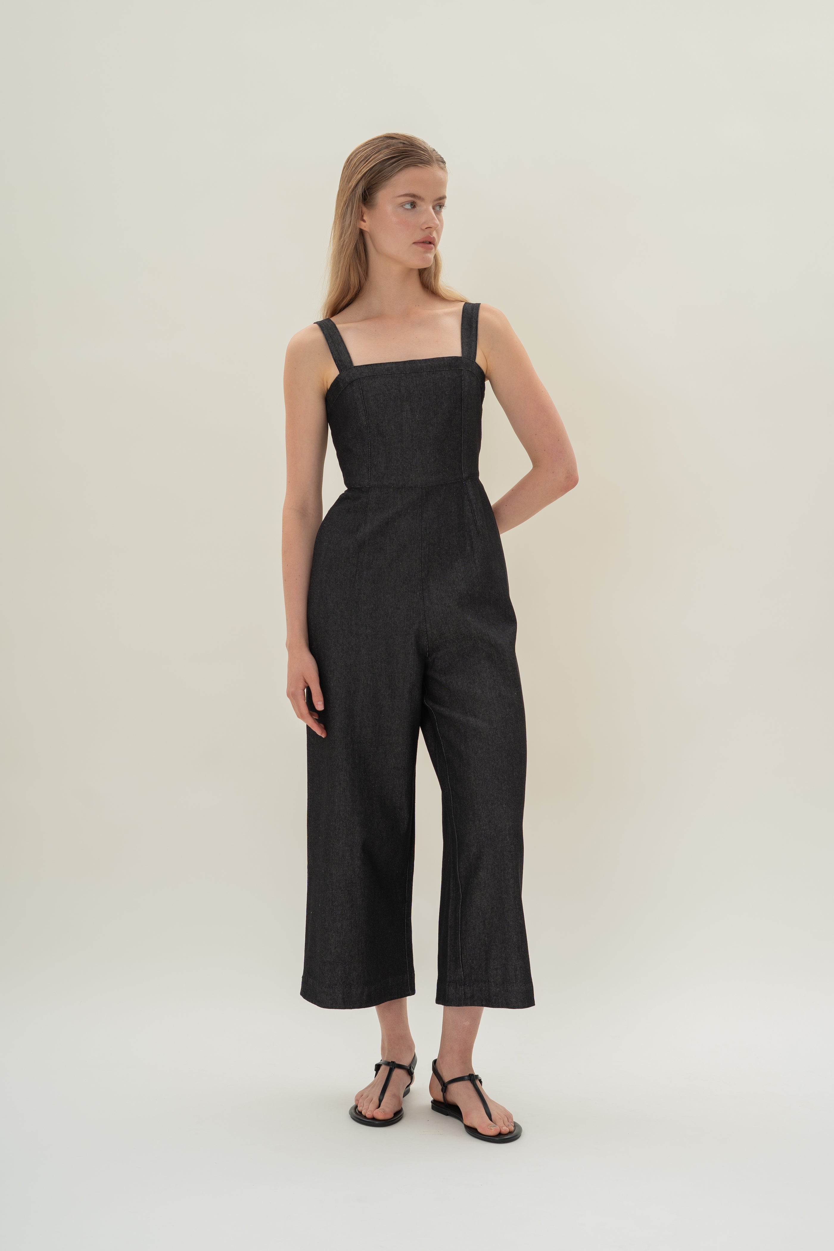 Straight Neckline Denim Jumpsuit in Black