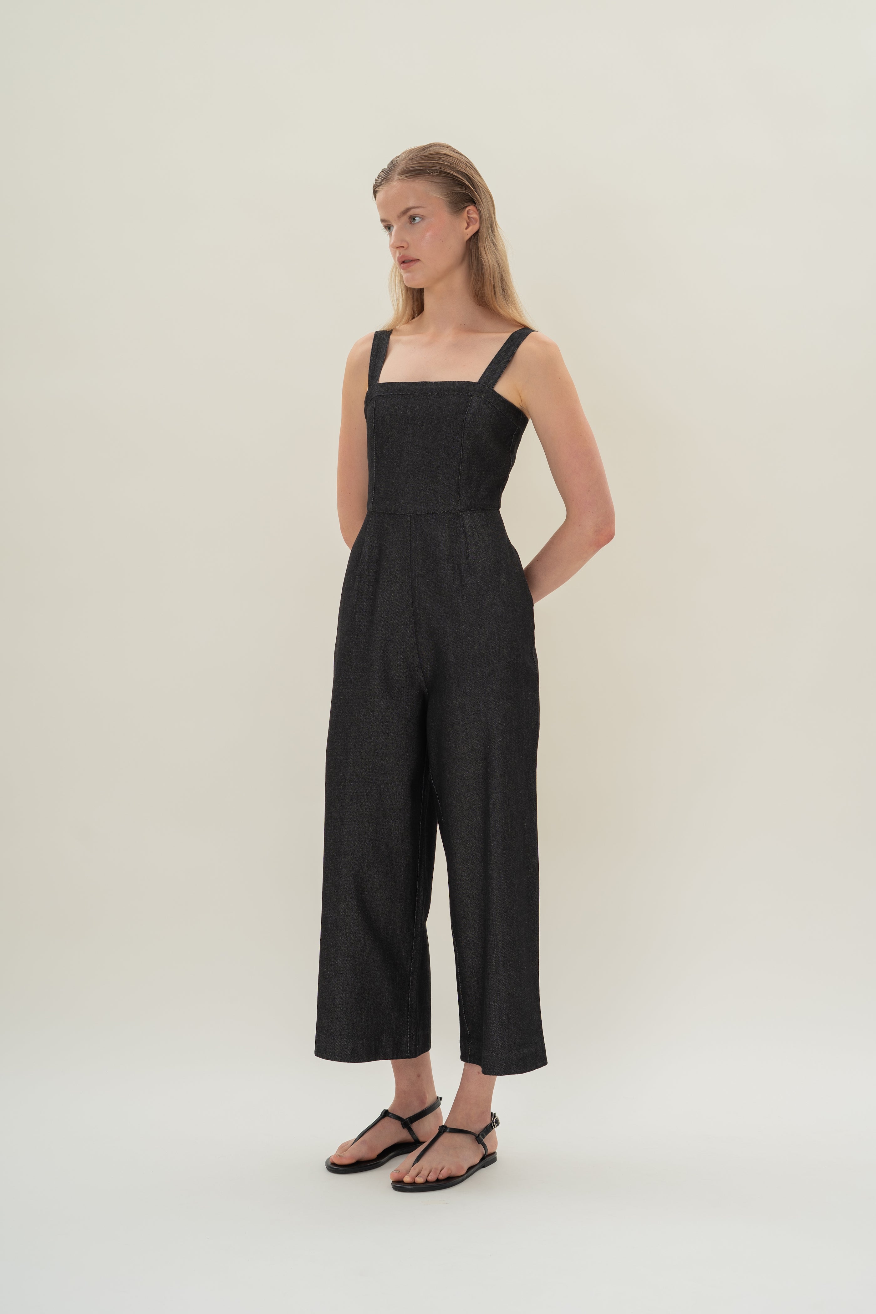 Straight Neckline Denim Jumpsuit in Black