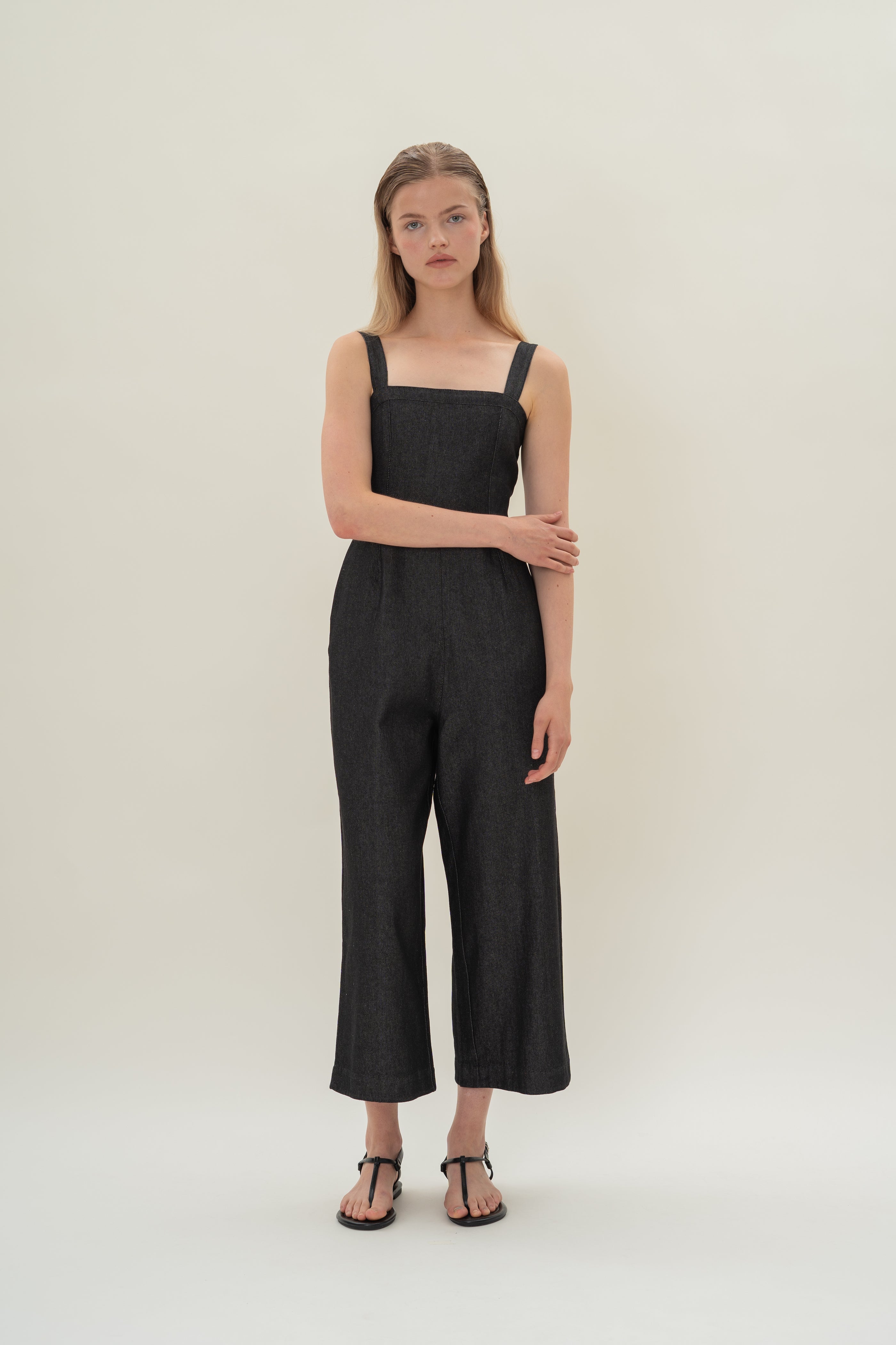 Straight Neckline Denim Jumpsuit in Black