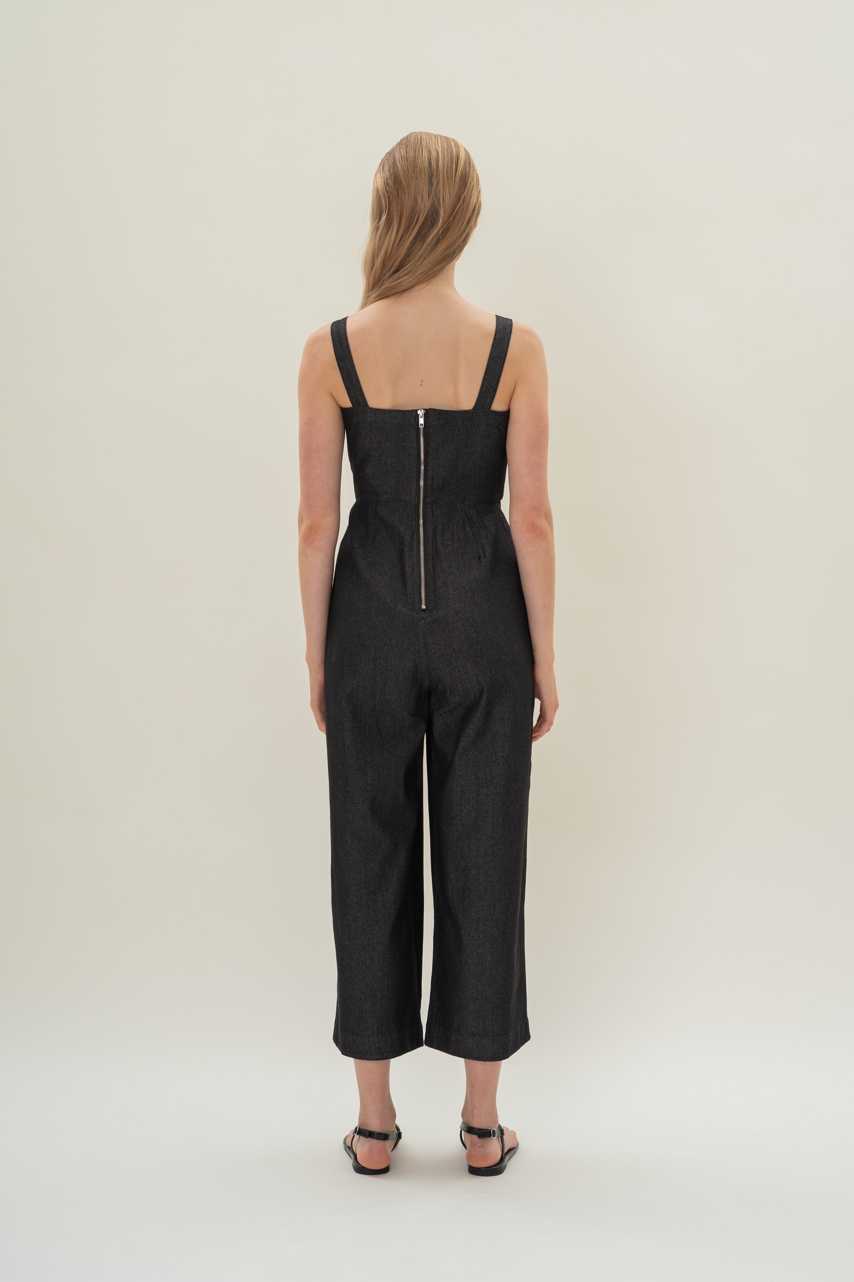 Straight Neckline Denim Jumpsuit in Black