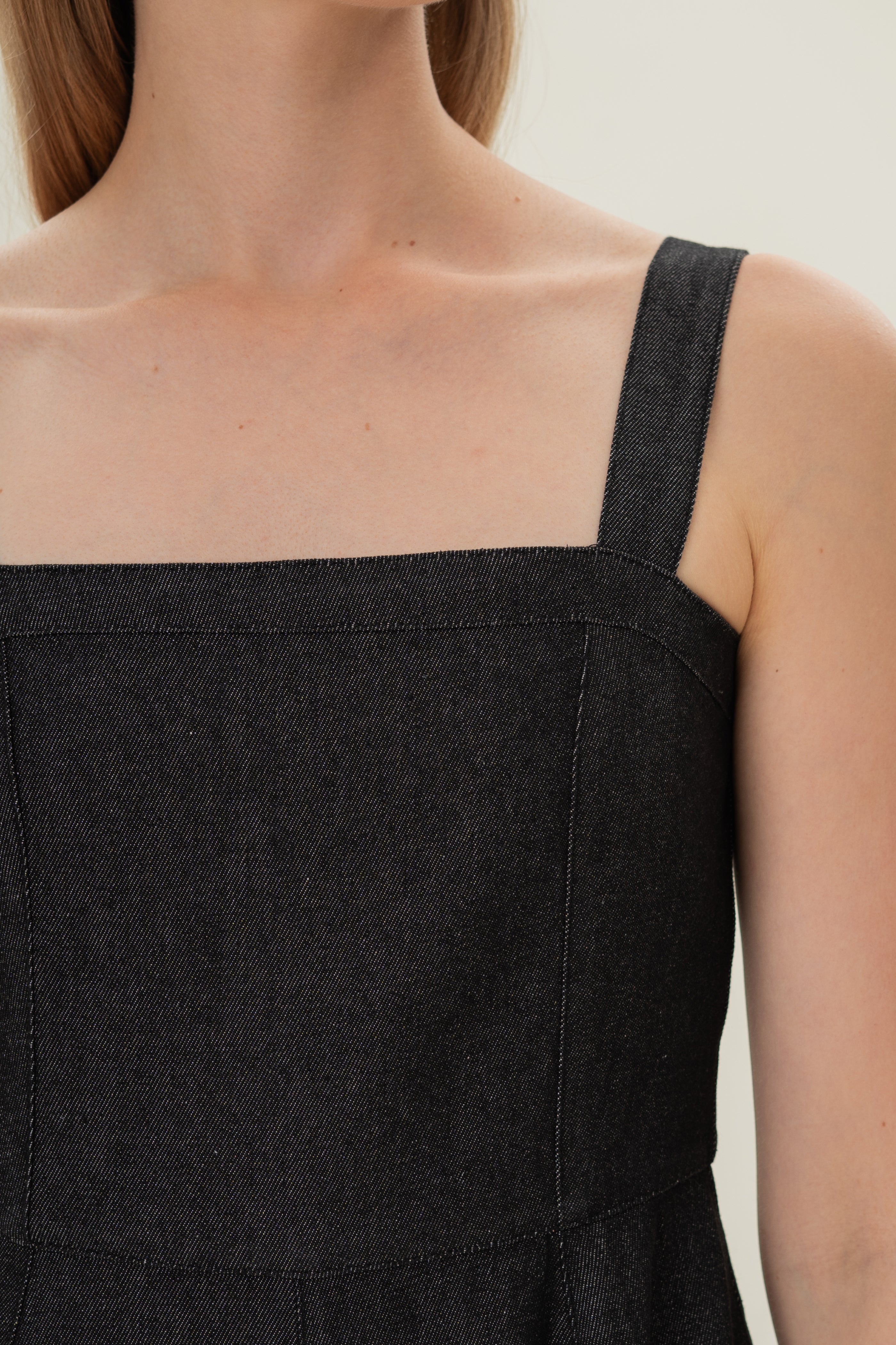 Straight Neckline Denim Jumpsuit in Black