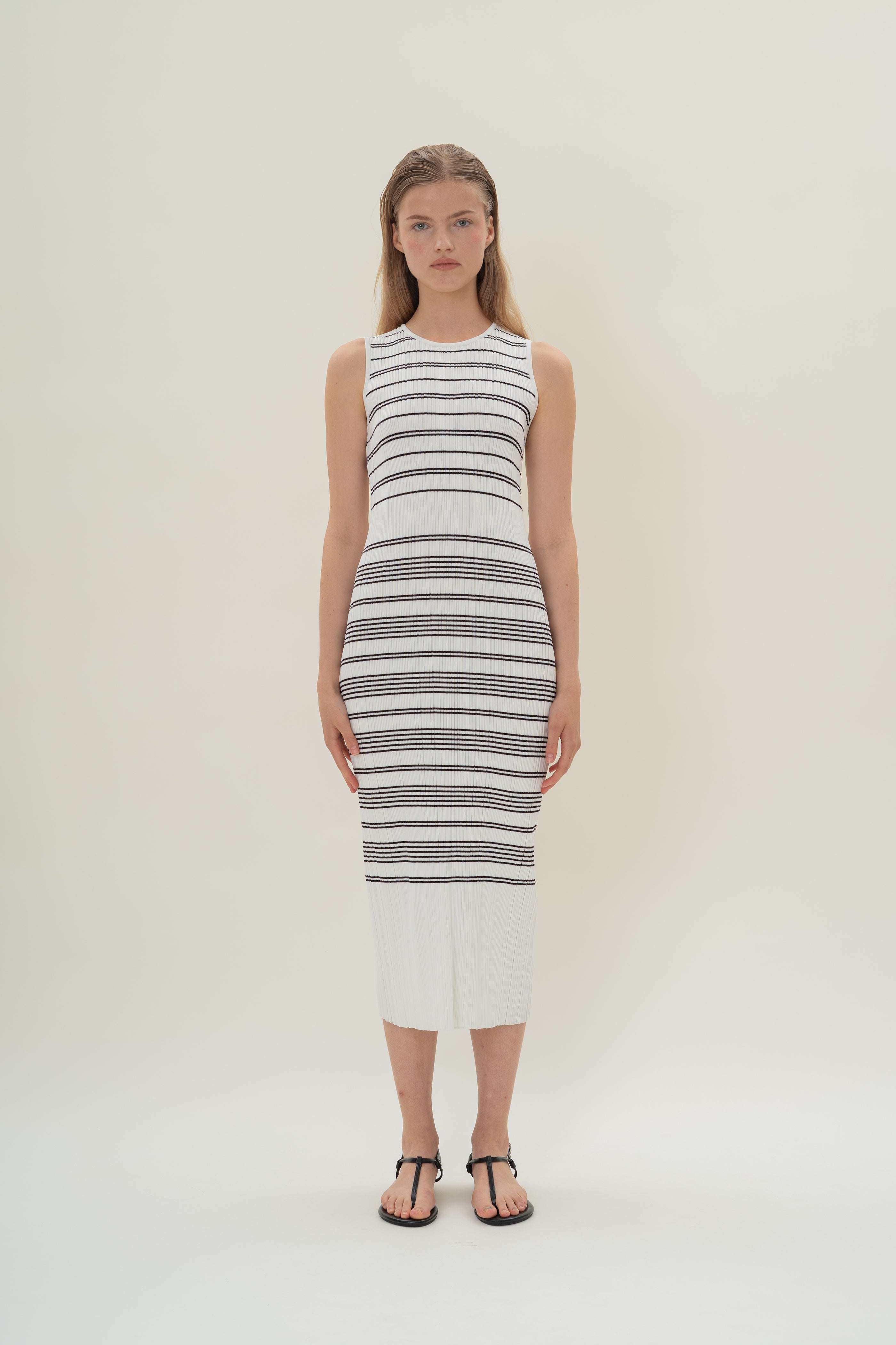 Pleated Knit Dress in White Black Stripes