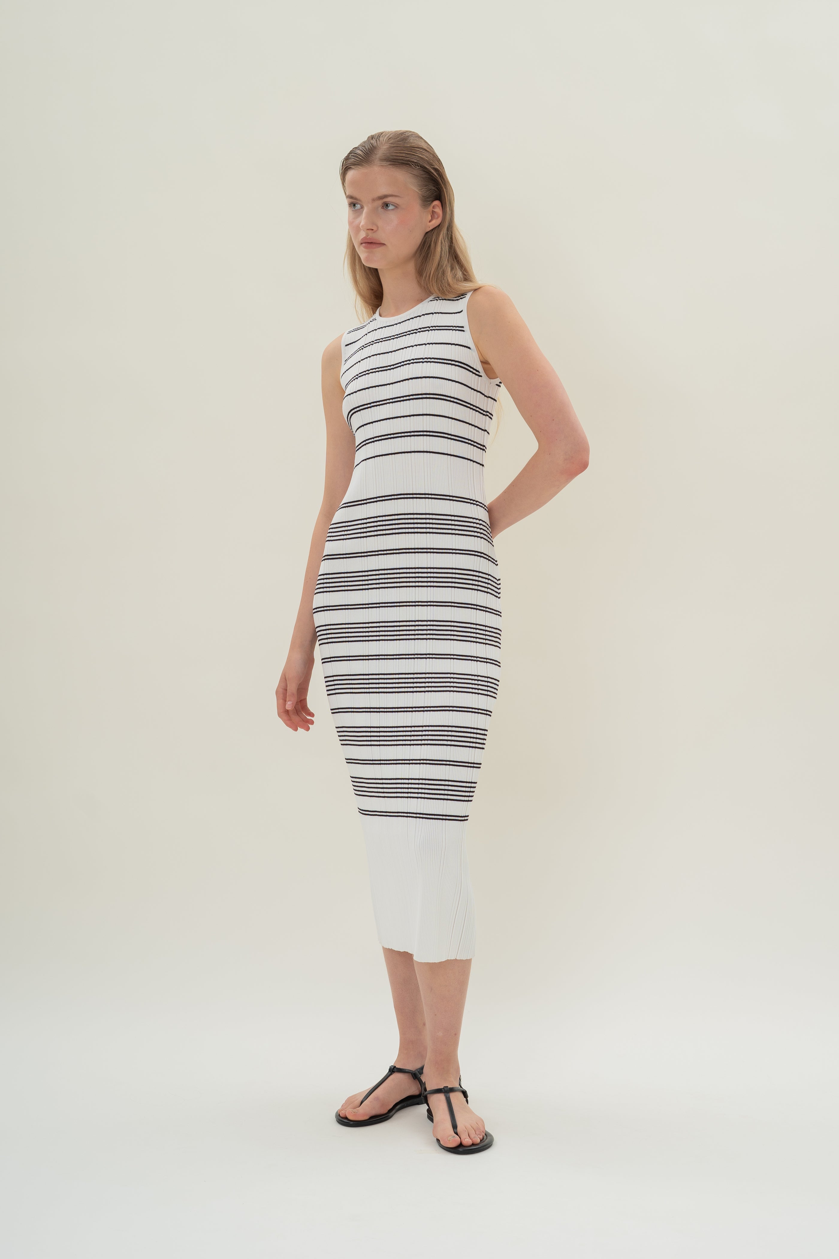 Pleated Knit Dress in White Black Stripes