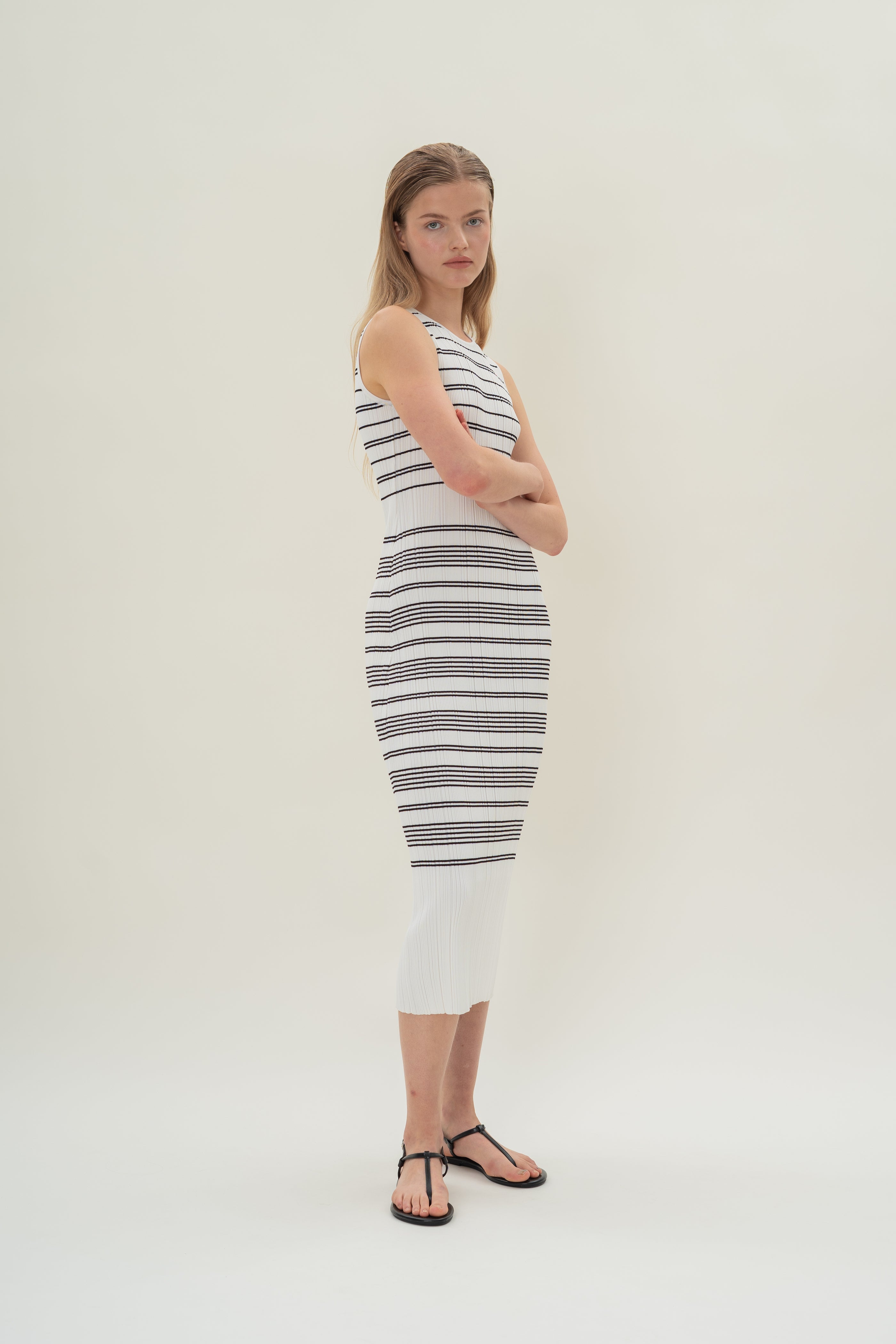 Pleated Knit Dress in White Black Stripes