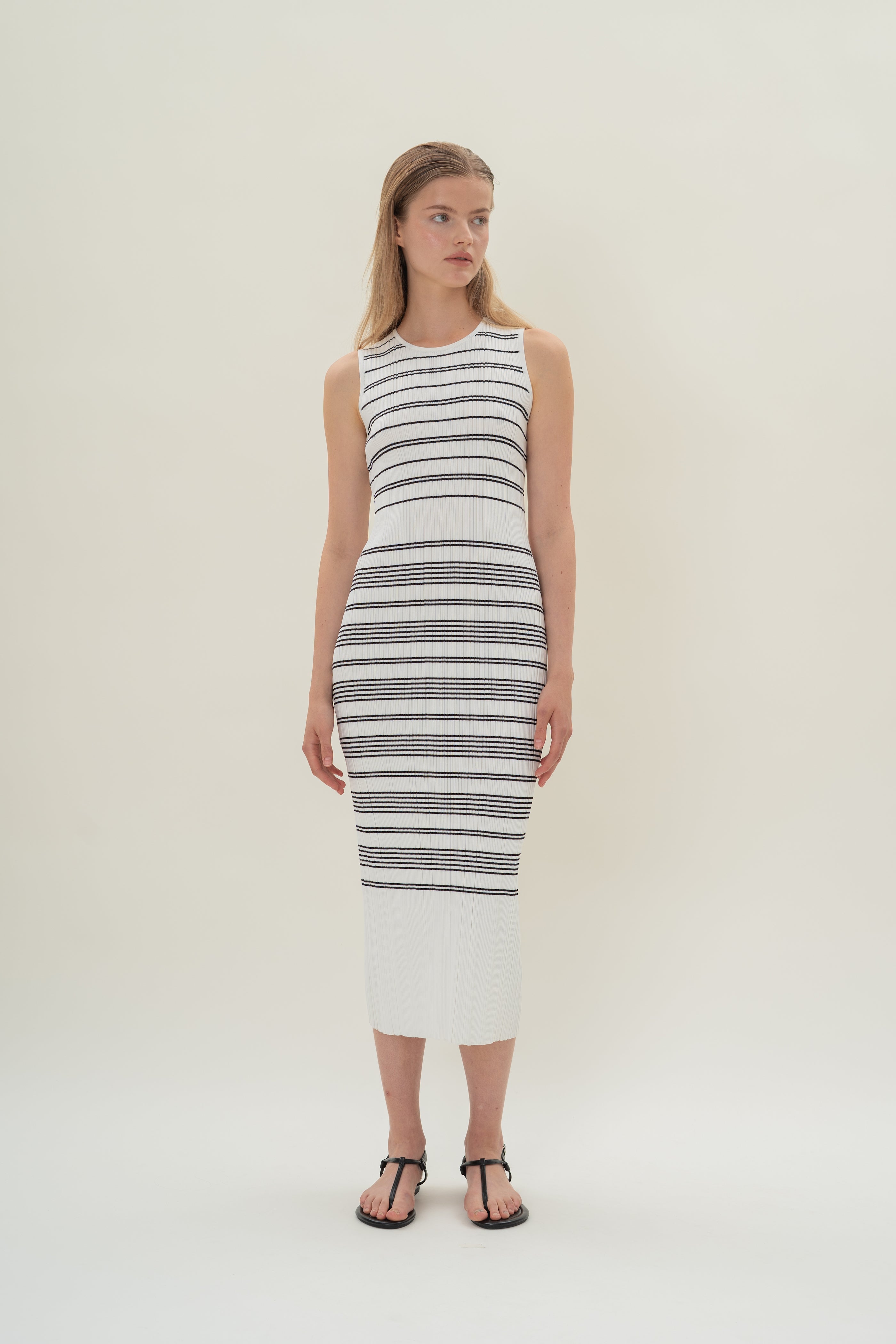 Pleated Knit Dress in White Black Stripes