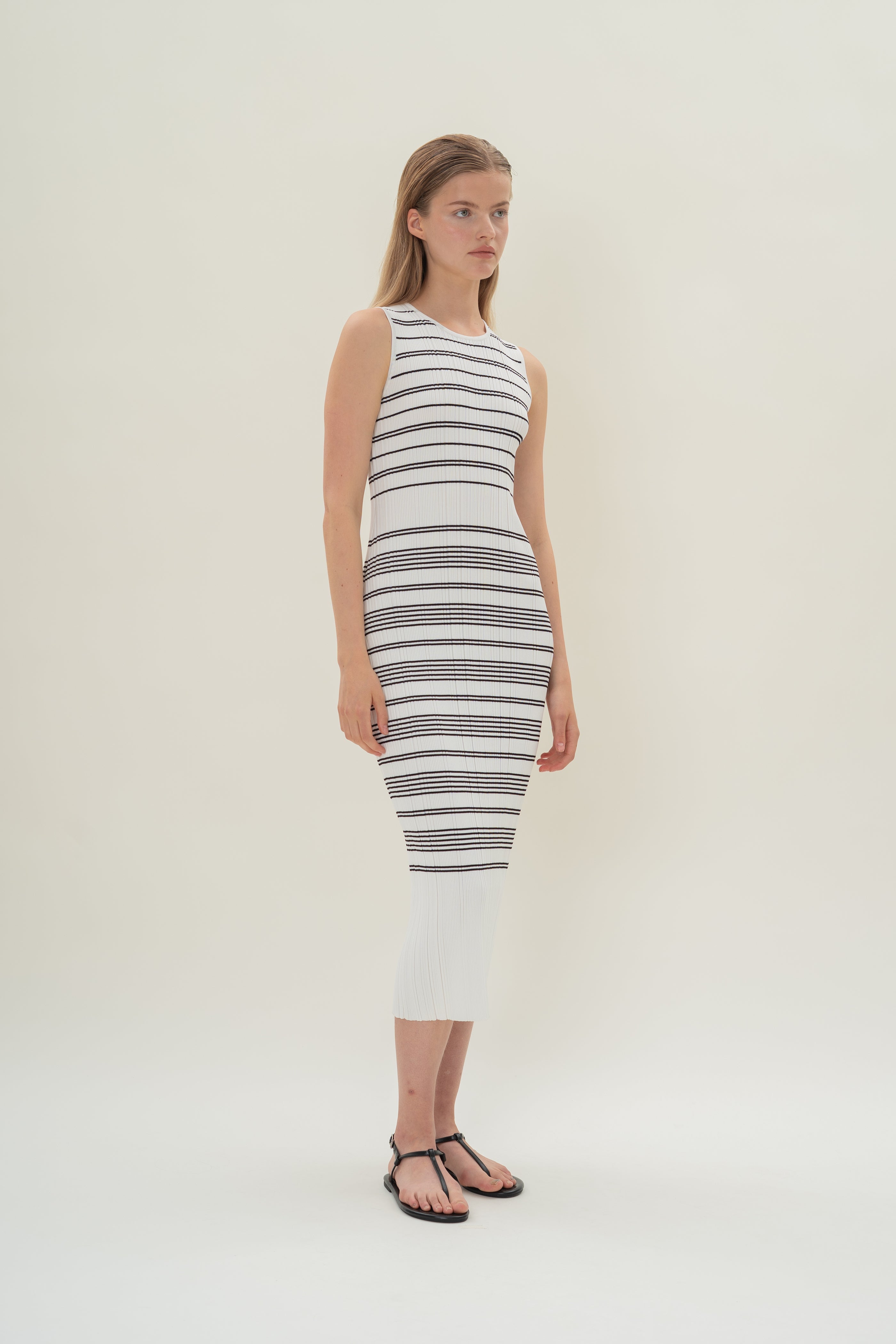 Pleated Knit Dress in White Black Stripes