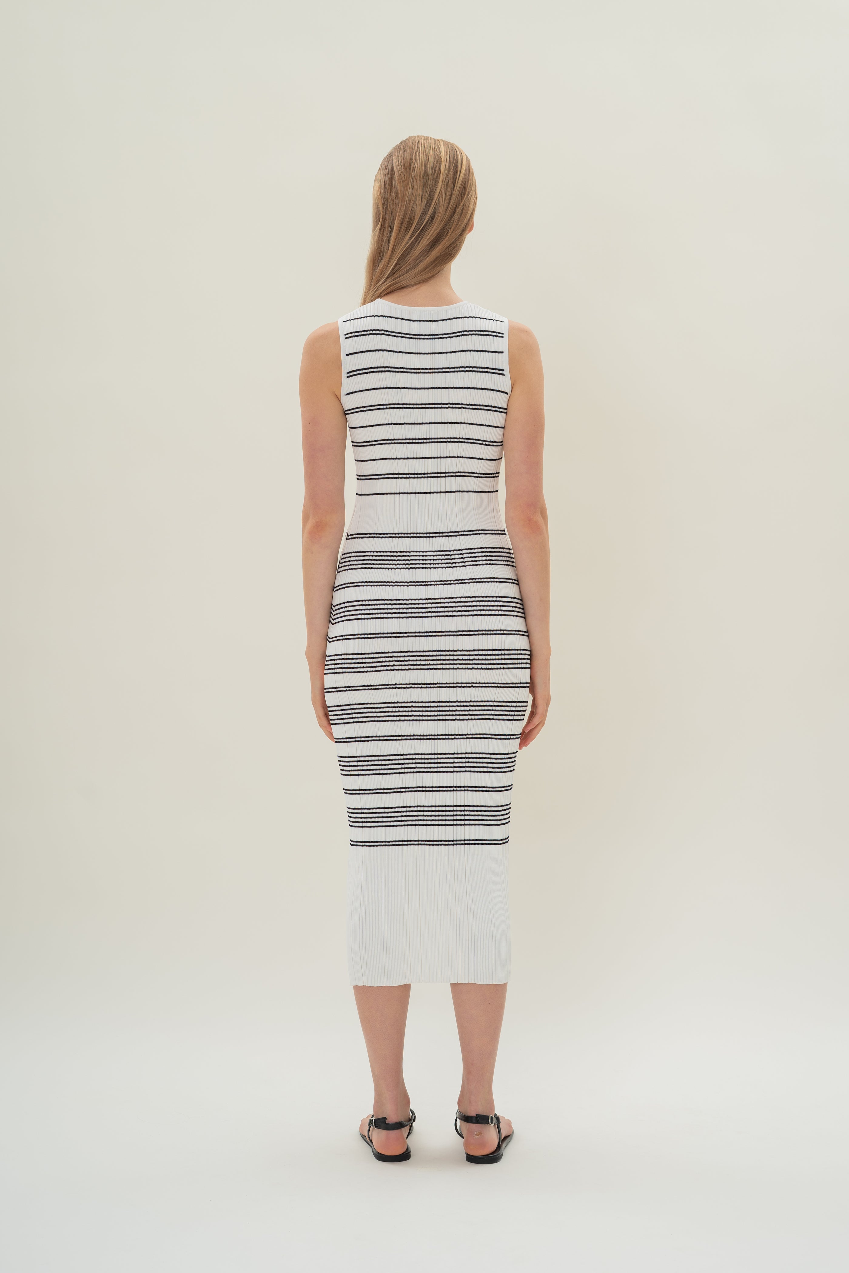 Pleated Knit Dress in White Black Stripes