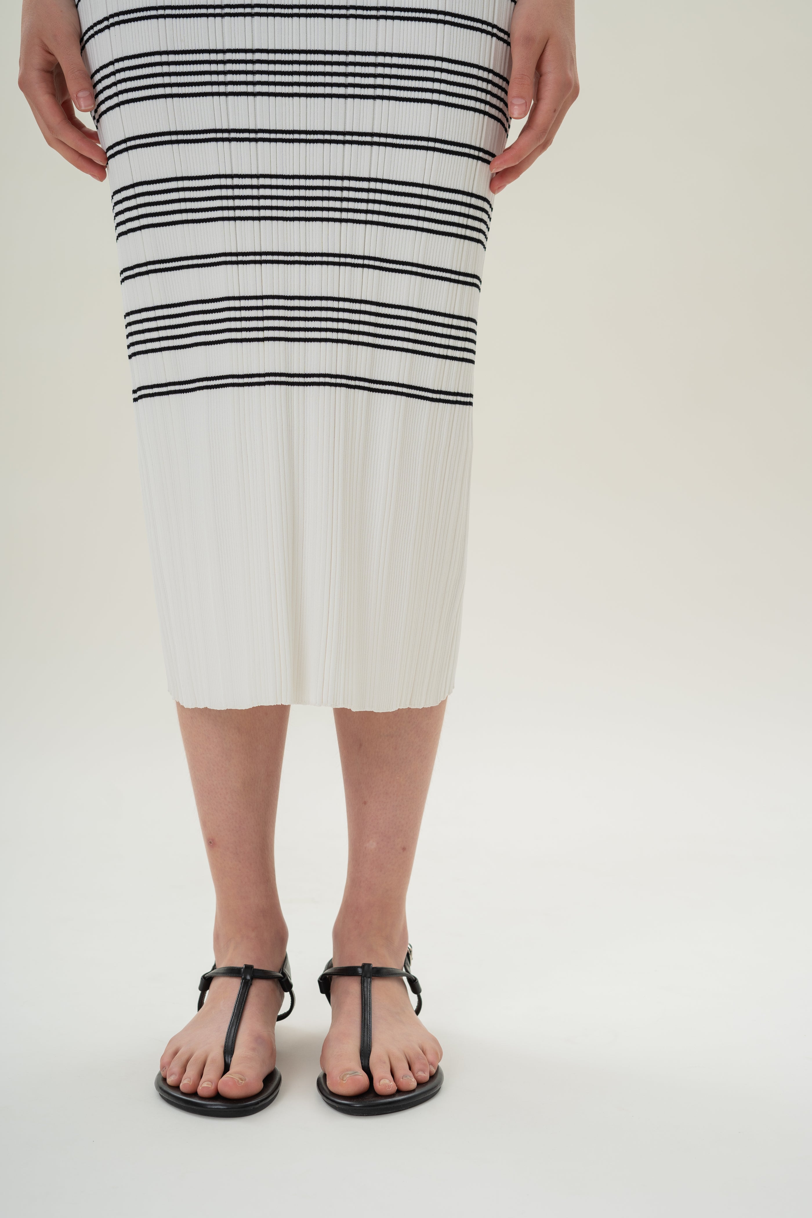 Pleated Knit Dress in White Black Stripes