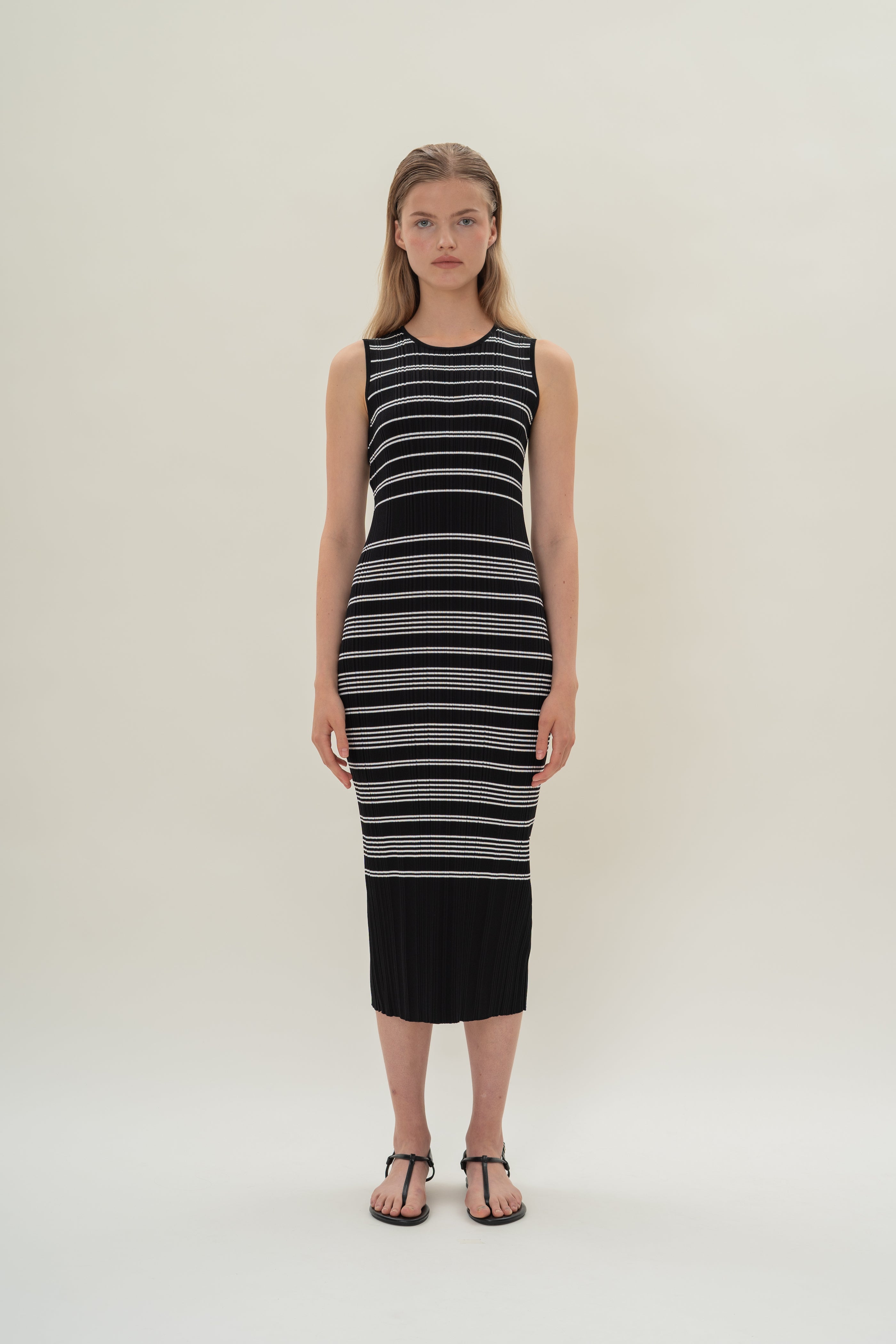 Pleated Knit Dress in Black White Stripes