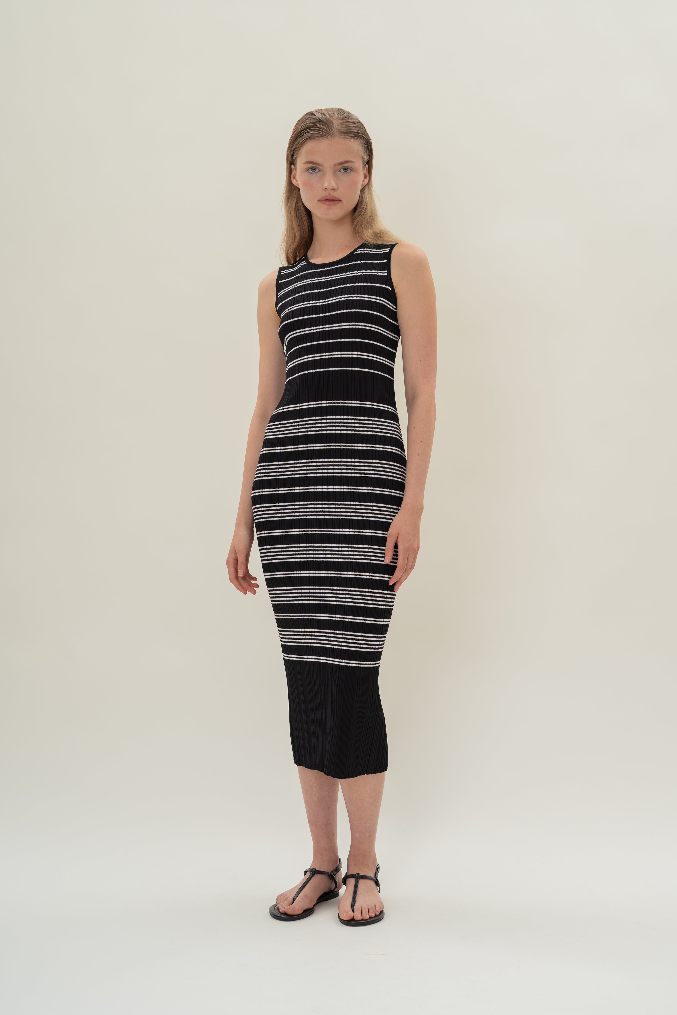 Pleated Knit Dress in Black White Stripes