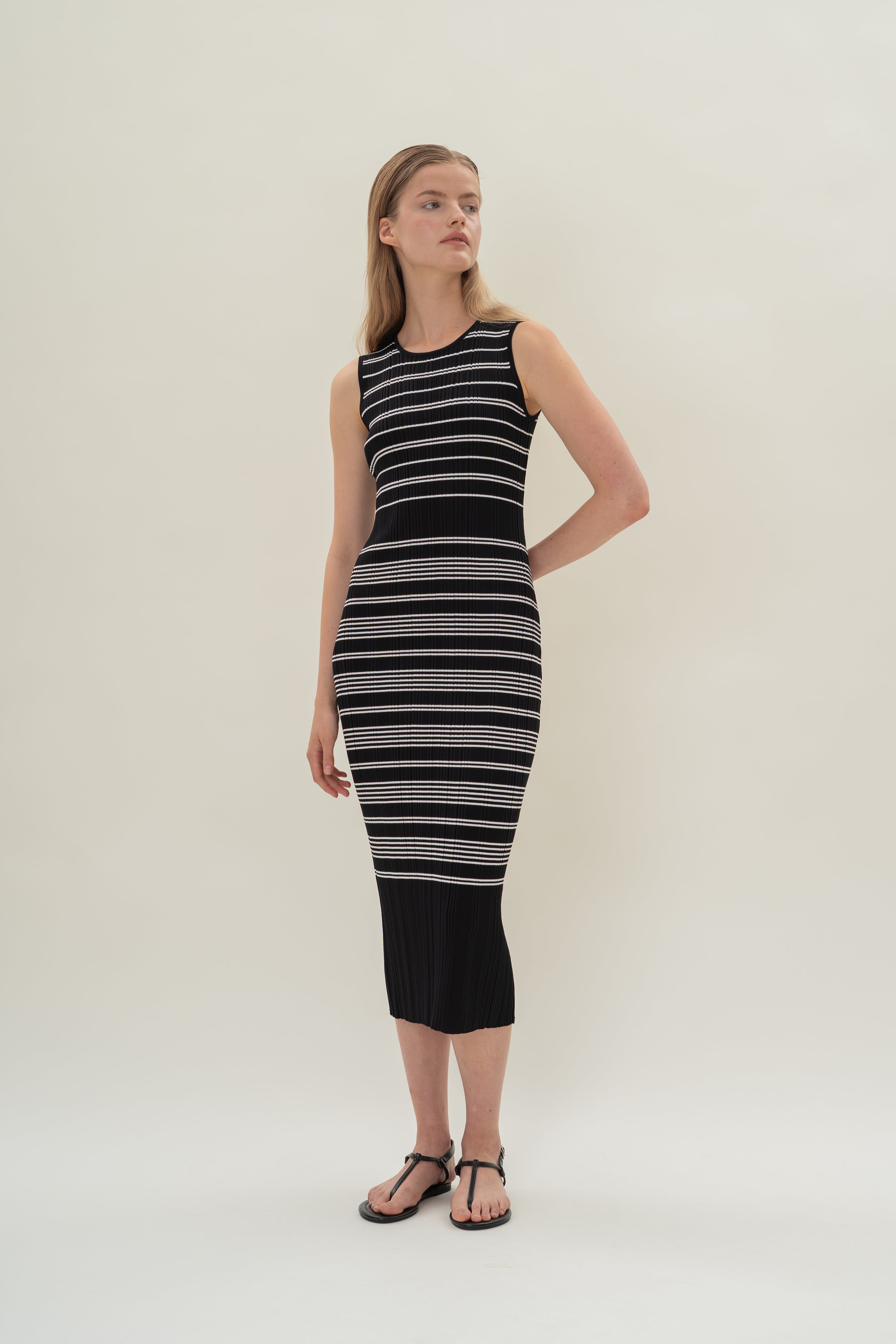 Pleated Knit Dress in Black White Stripes