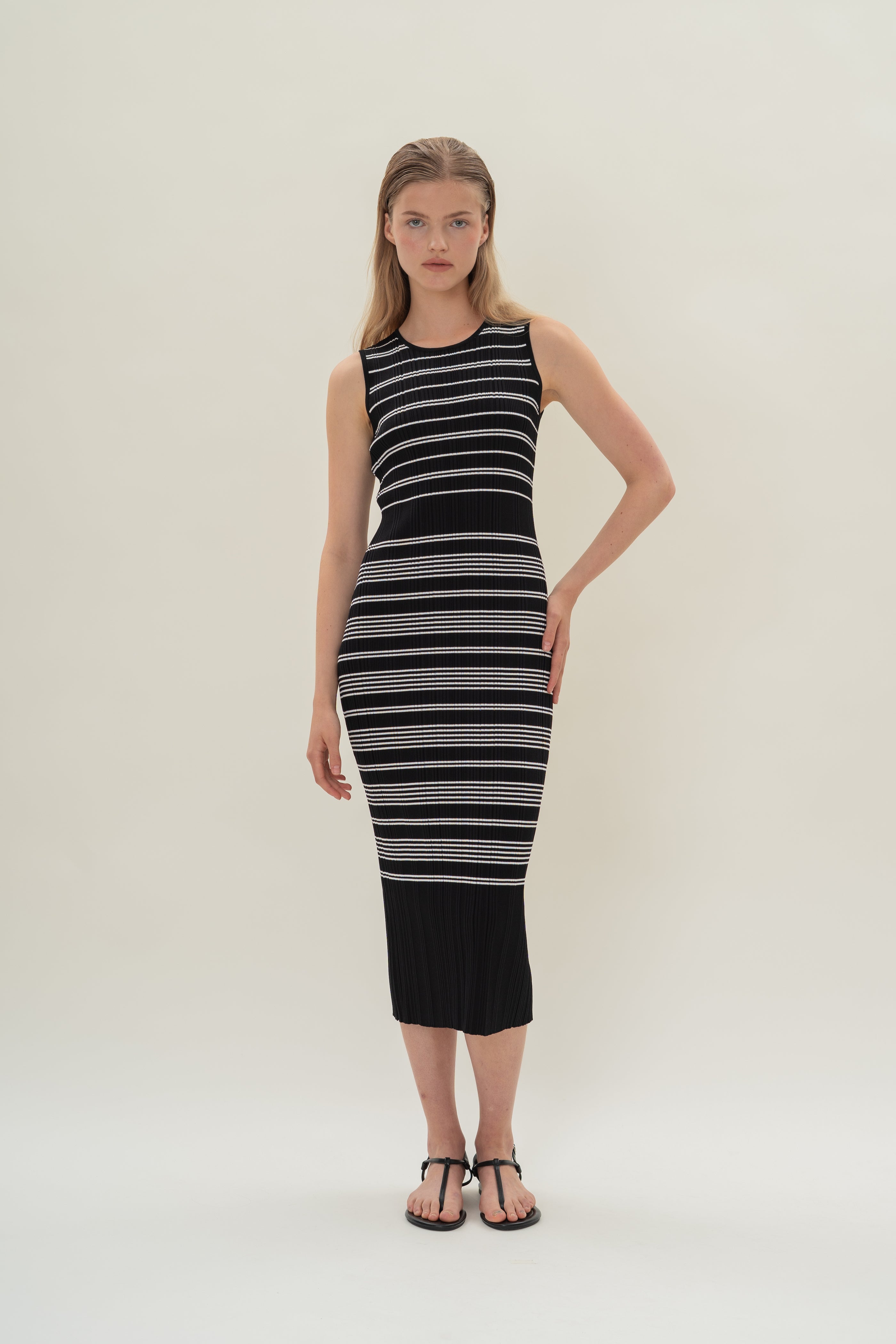 Pleated Knit Dress in Black White Stripes