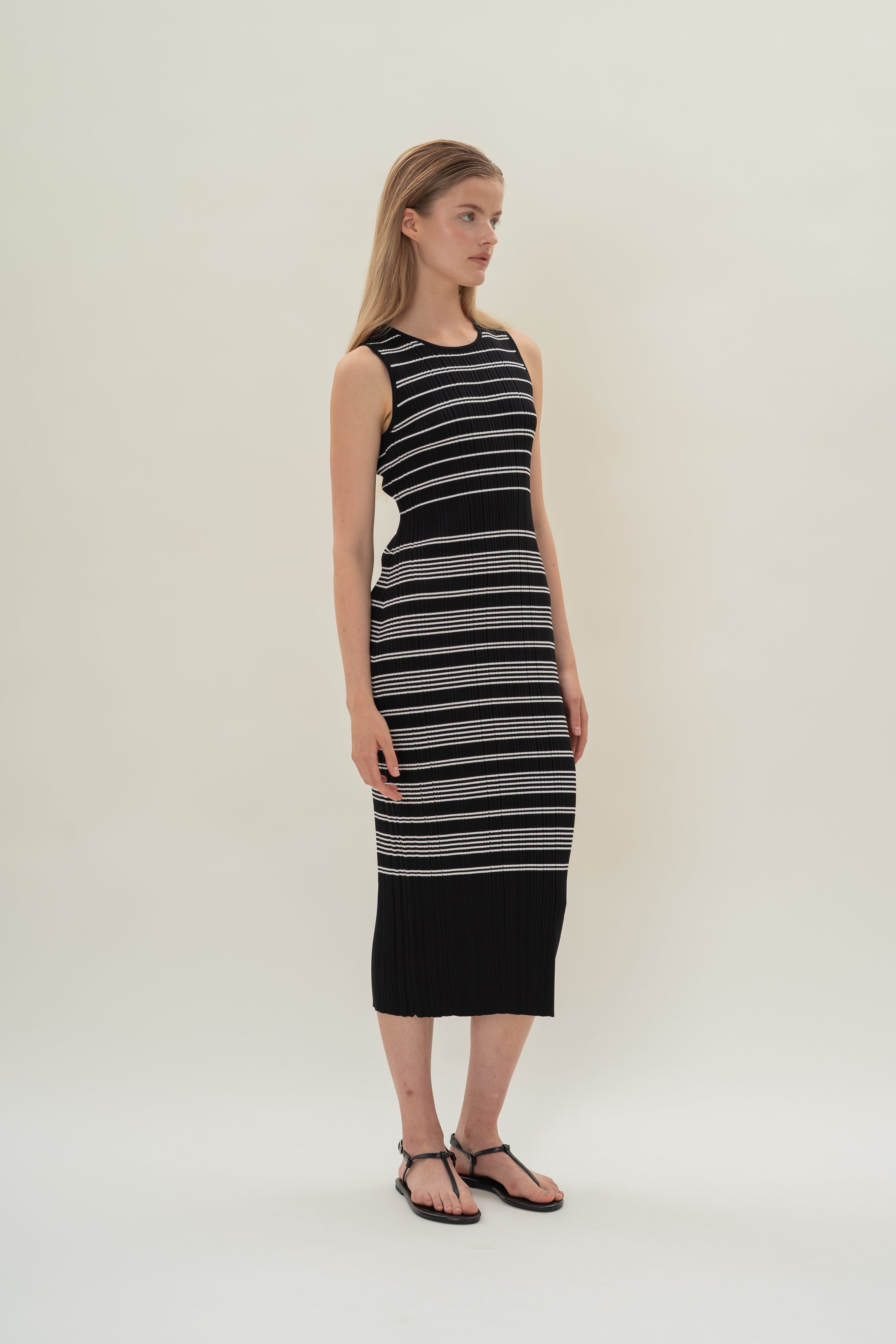 Pleated Knit Dress in Black White Stripes