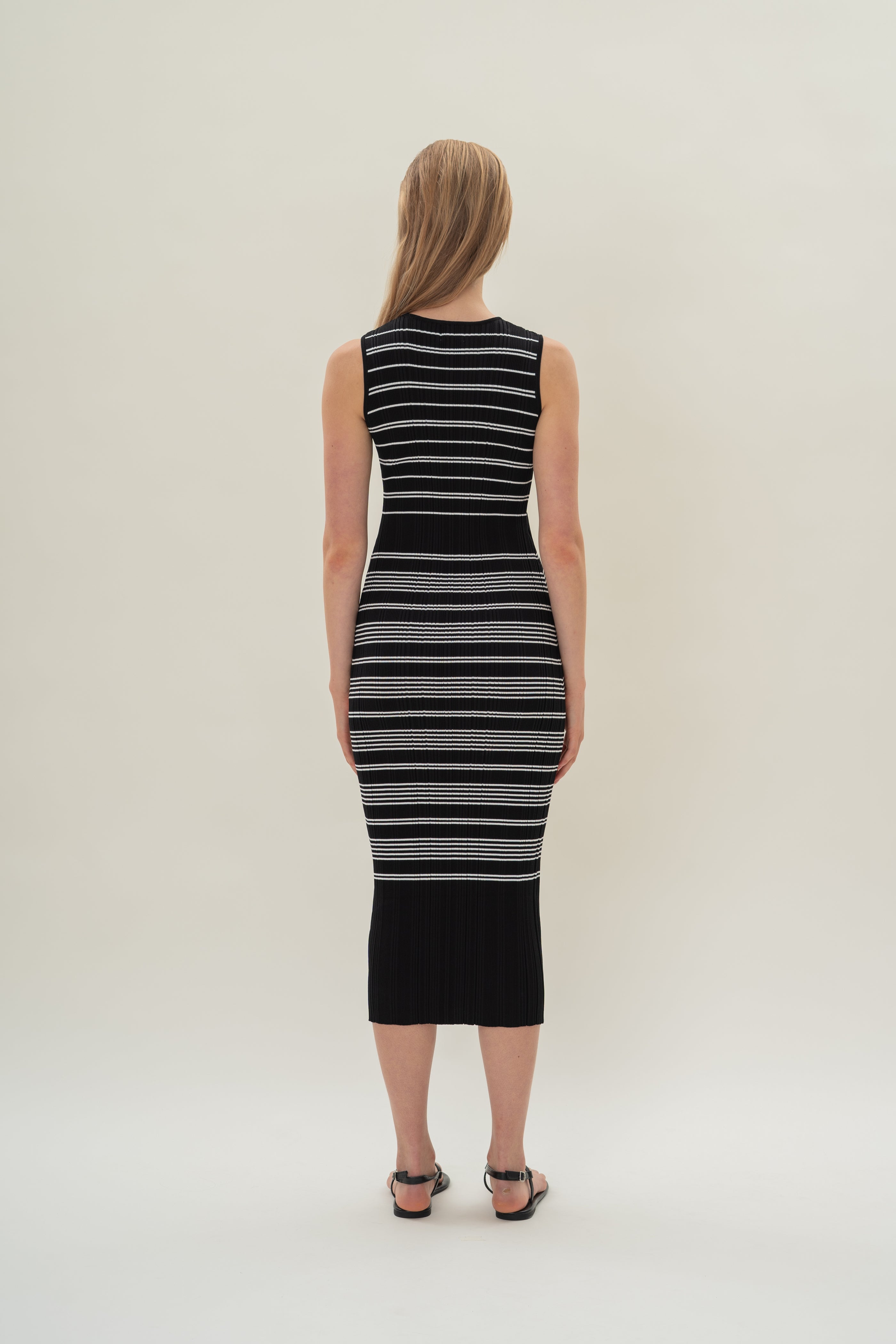 Pleated Knit Dress in Black White Stripes